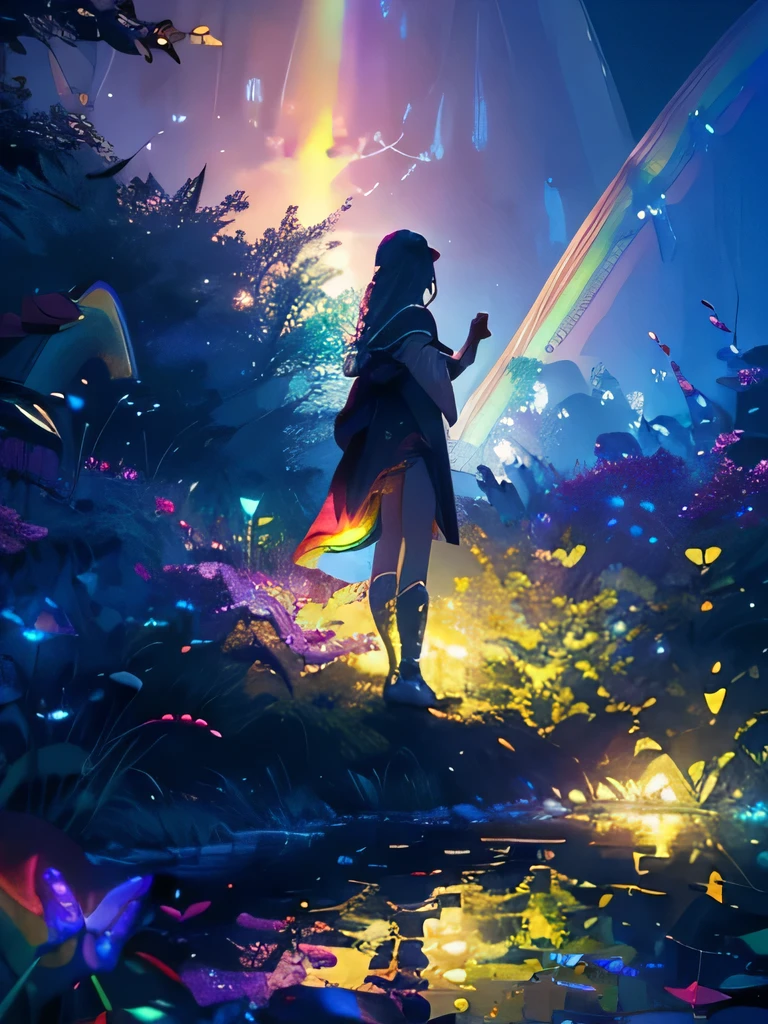 Enchanted Mystical Forest, Neon colored butterflies, Pure blue water river fountain, Golden Mini Fairy, A glowing mushroom that releases pollen, extremely beautiful landscape, (Ultra-realistic), {Highly detailed 8k CG unit wallpaper}, expansive landscape photography, (Low perspective that prioritizes the entire scene, (Broad perspective), (Low angle shot), (highlight: 1.5), (Low Light: 1.0), (Warm light source: 1.0), Intricate details, (Rainbow-colored: 1.5), (Bright lighting), (Atmospheric lighting), nature, magic, landscape、Girl standing backwards
