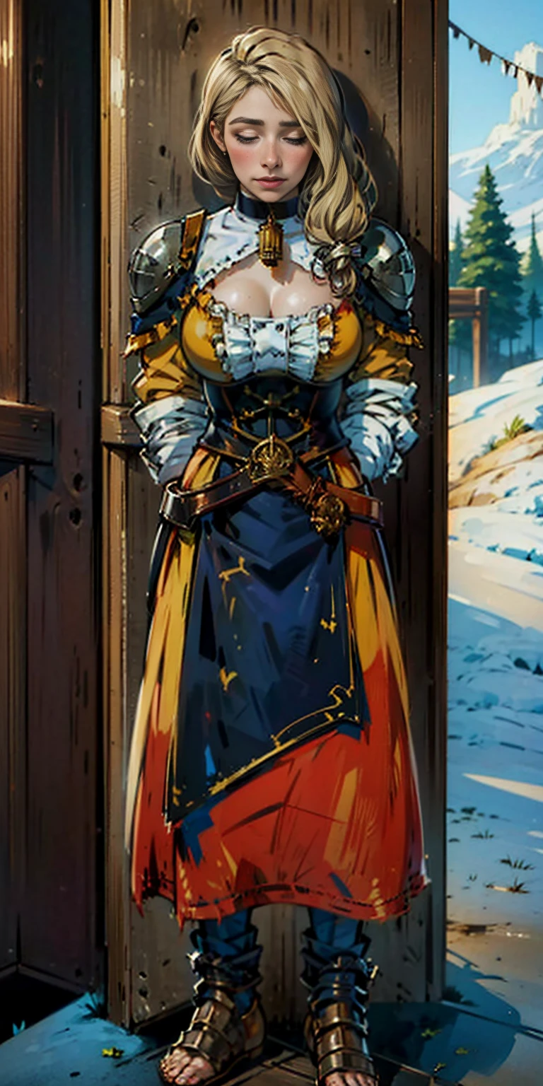 (masterpiece, best quality), intricate details, 1girl, Mercedes von Martritz from Fire Emblem (standing full body toe to head by wooden pole:1.2) iron collar, arms behind back, iron cuffs, shackles, bound, bondage outfit, harness, o-ring, bondage outfit blindfolded cover eyes, happy red cheeks, chain leash collar choker neck bell shackles wristbands bracers bracelets, cleave gag