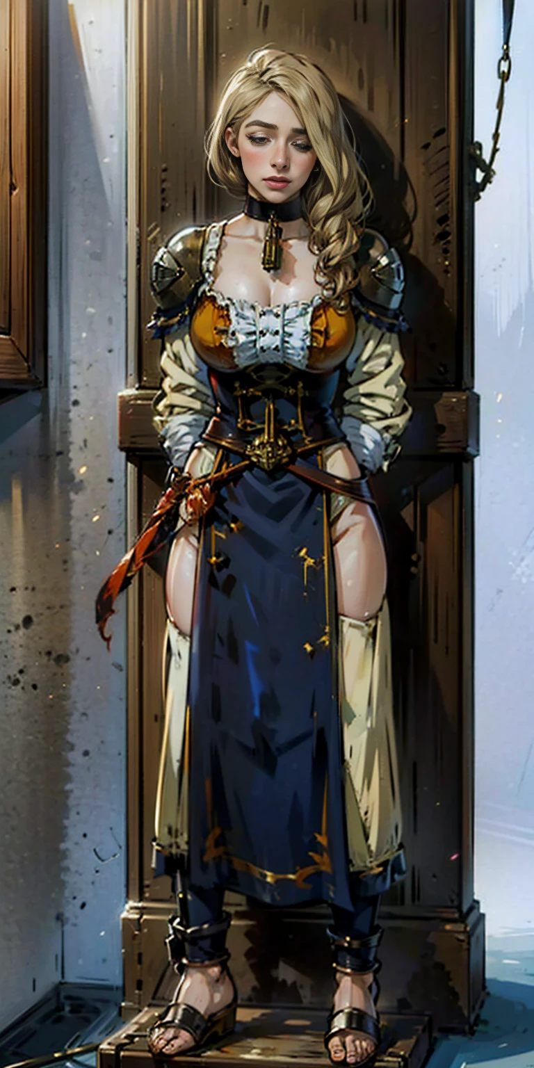 (masterpiece, best quality), intricate details, 1girl, Mercedes von Martritz from Fire Emblem (standing full body toe to head by wooden pole:1.2) iron collar, arms behind back, iron cuffs, shackles, bound, bondage outfit, harness, o-ring, bondage outfit blindfolded cover eyes, happy red cheeks, chain leash collar choker neck bell shackles wristbands bracers bracelets, cleave gag