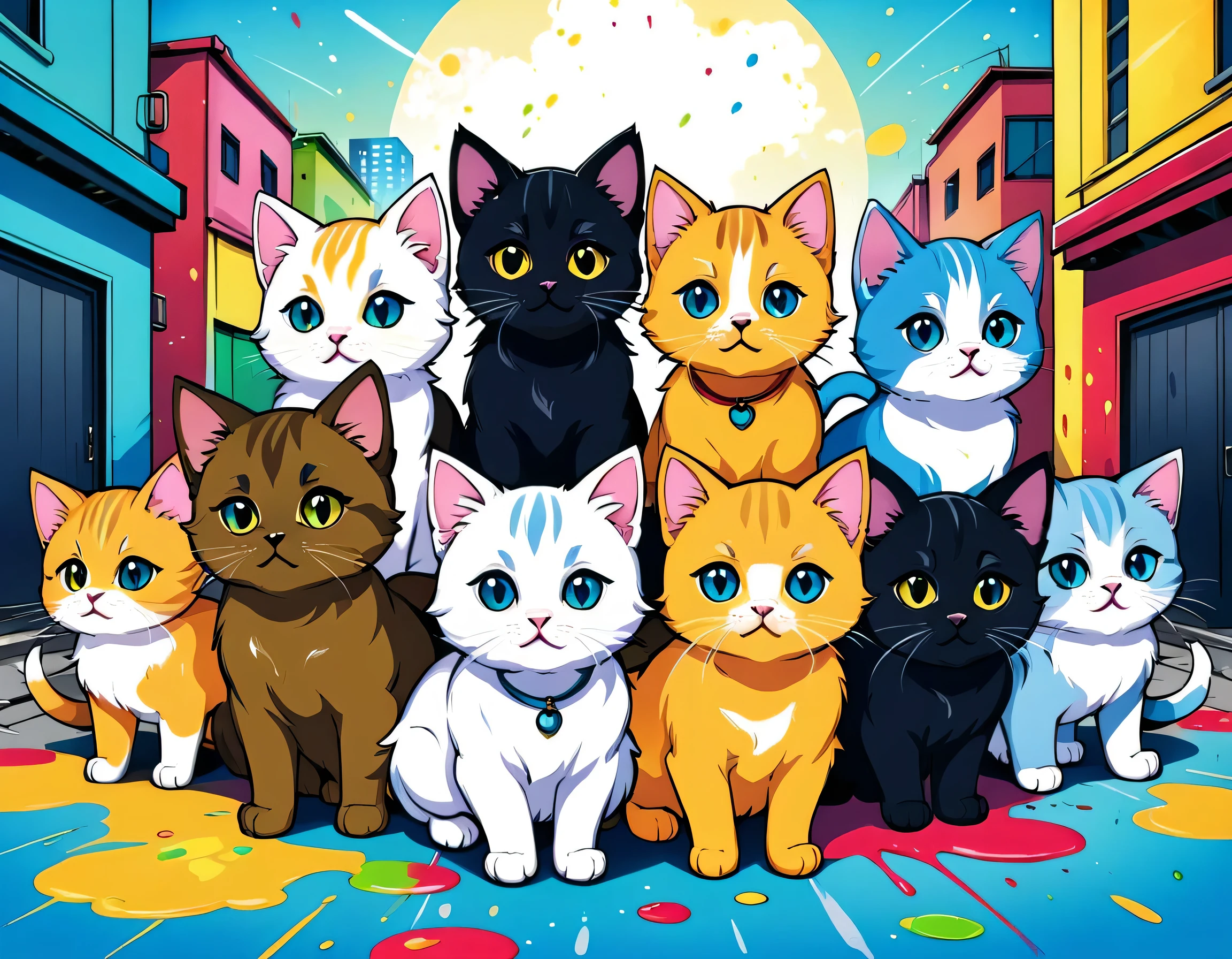Komugiko 2000 Style, Vector Art, Colorful illustration with lots of cute Persian kittens and puppys, In the center, Vibrant colors, Paint splatters and stains, High Detail, urban background