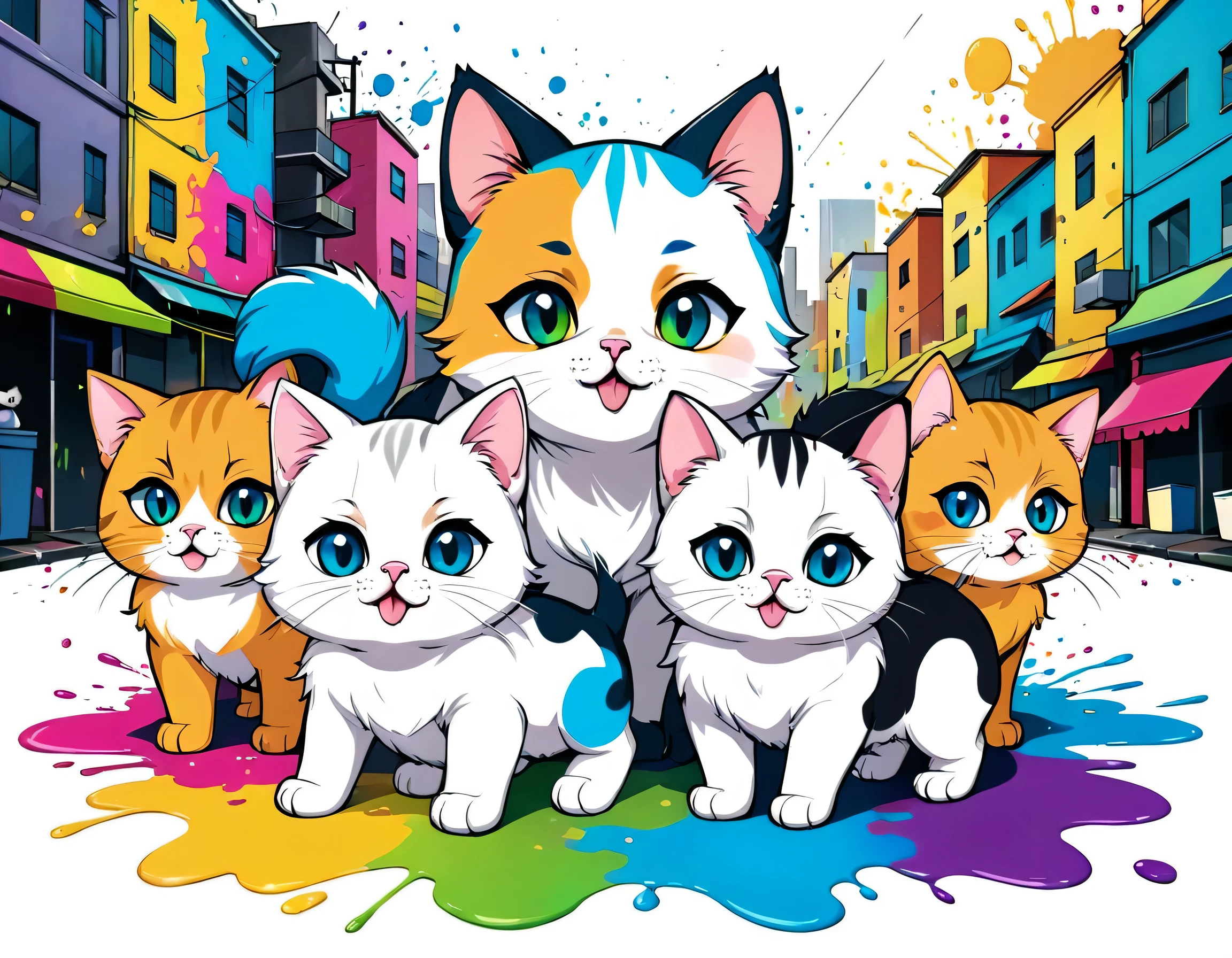 Komugiko 2000 Style, Vector Art, Colorful illustration with lots of cute Persian kittens and puppys, In the center, Vibrant colors, Paint splatters and stains, High Detail, urban background