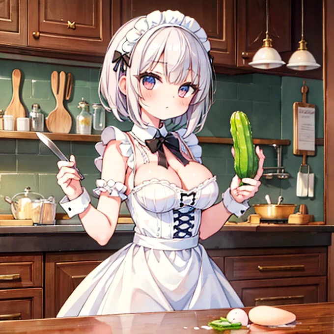 Maid Outfit, beautiful french maid in white latex outfit cutting cucumber in kitchen with knive, pretty face , pretty features, pretty pose, delicate, innocent, pretty kitchen, roses, light, detailed, acrylic, watercolor, royo、Cooking eggs、fire