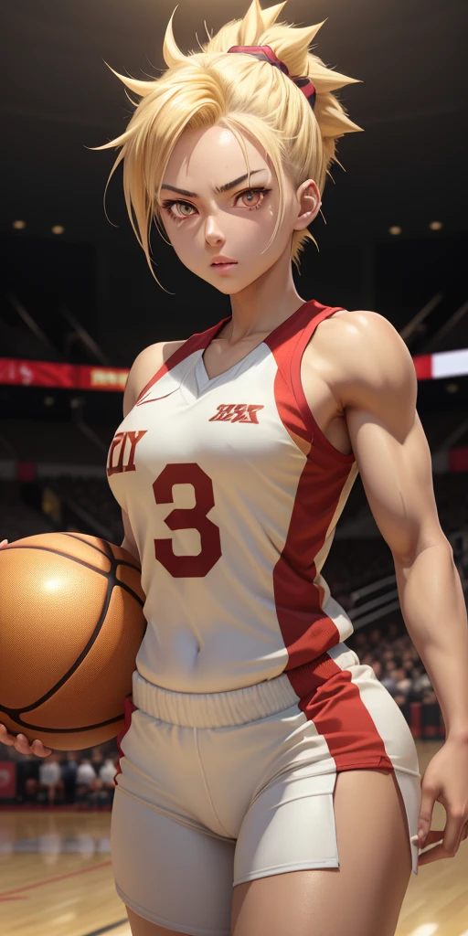 Masterpiece, anime CG, girl, white spiked hair, wheat-colored skin, muscles, sports girl, wearing basketball uniform, smooth texture, silk texture , golden pupils, perfect eyes  