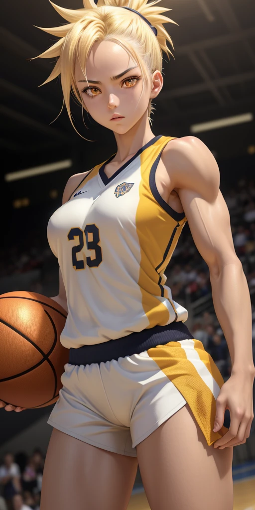 Masterpiece, anime CG, girl, white spiked hair, wheat-colored skin, muscles, sports girl, wearing basketball uniform, smooth texture, silk texture , golden pupils, perfect eyes  