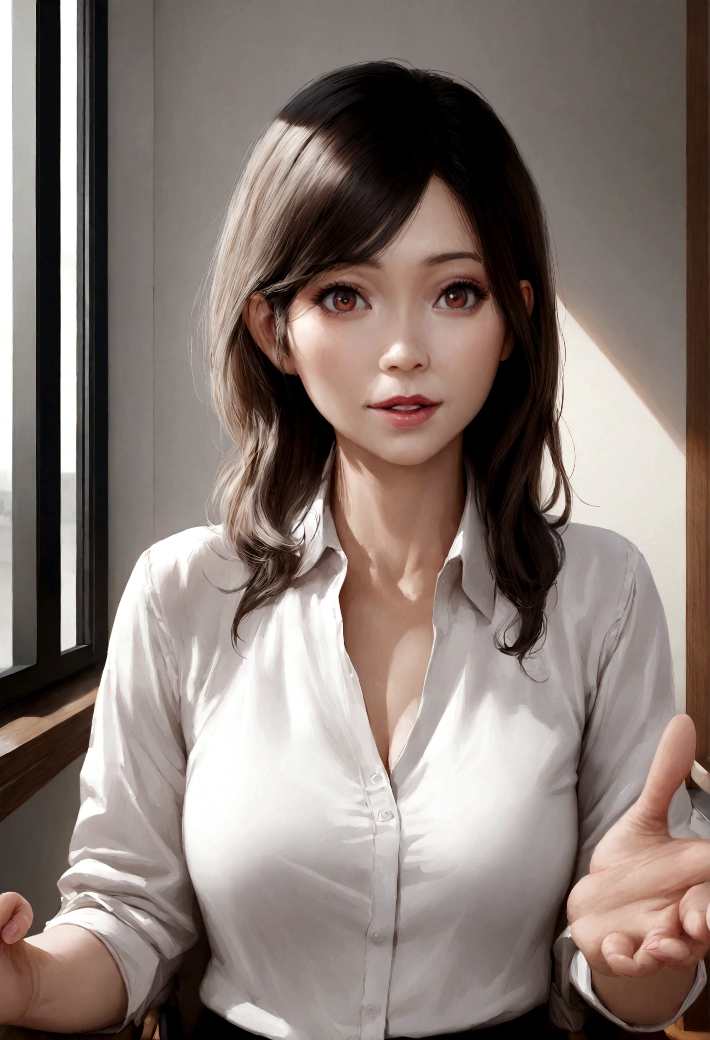 one woman,teacher,beautiful face,big eyes,in the office,high quality,photorealistic,highly detailed,japanese,attractive mature lady,adult woman