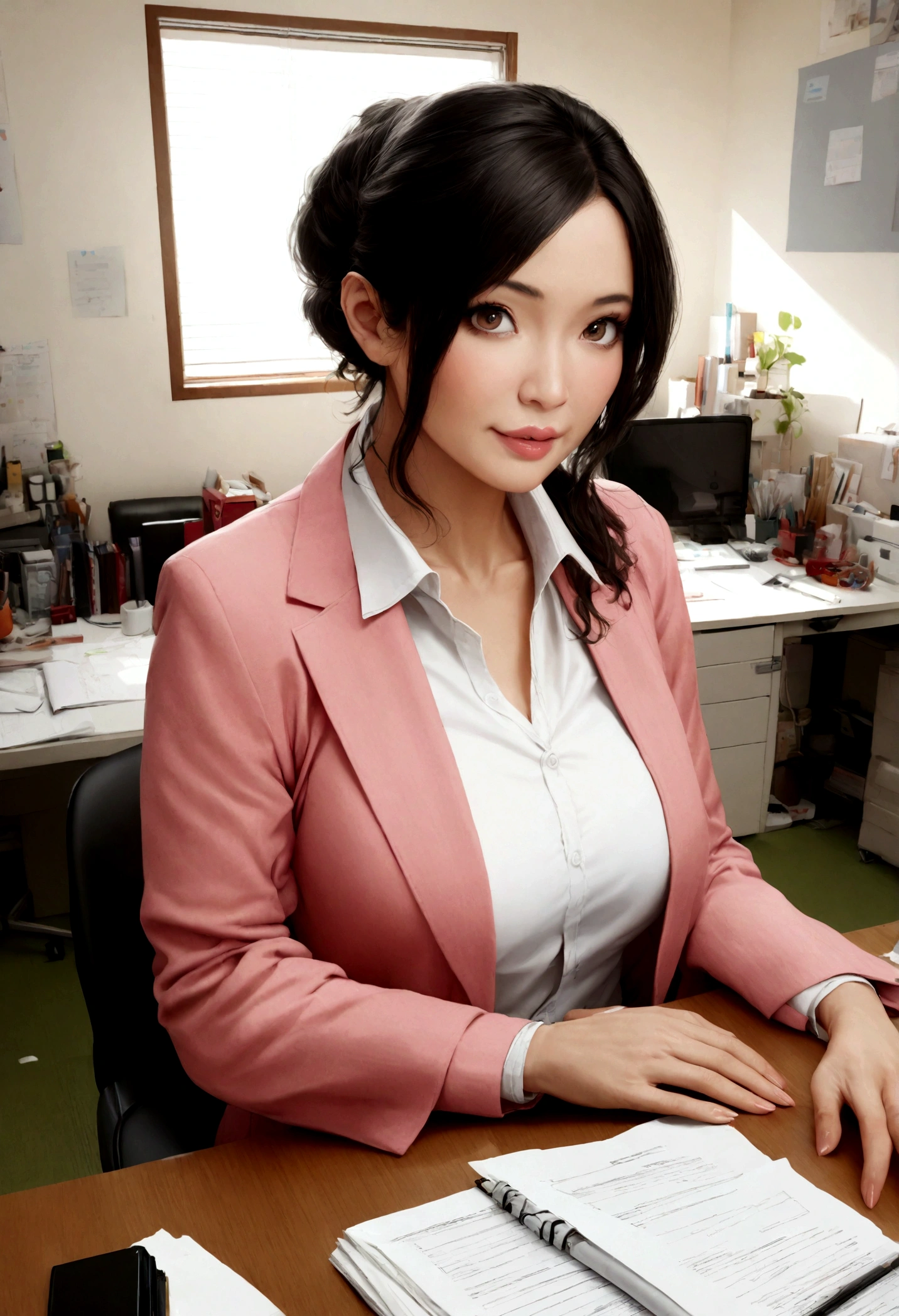 one woman,teacher,beautiful face,big eyes,in the office,high quality,photorealistic,highly detailed,japanese,attractive mature lady,adult woman