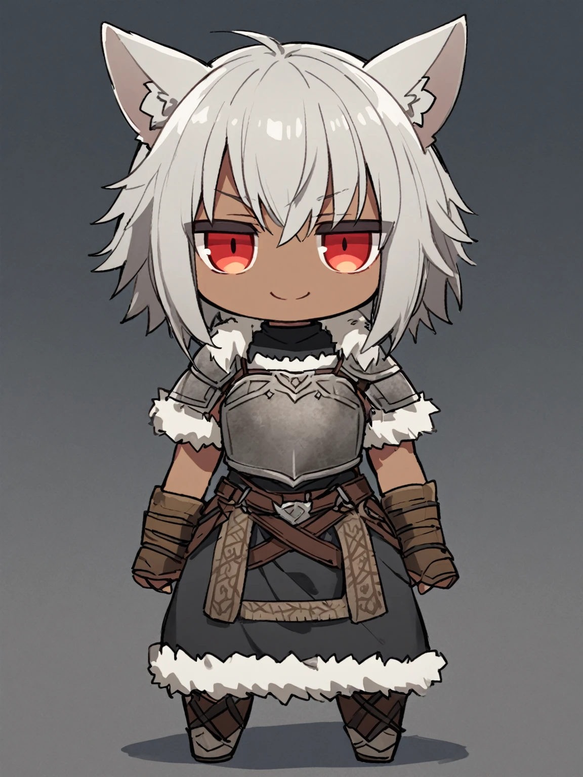 {{{kame (kamepan44231), full body, no humans, chibi, jitome, fumo (doll)}}}, straight-on, looking at viewer, medieval fantasy, solo, 1girl, grey hair, short hair, wolf cut, eye focus, solo, messy bangs, red eyes, toned female, short sleeves, tomboy, viking armor, black t-shirt, breastplate, shoulder armor, fur trim, viking, braided sidelocks, wolf ears, brown vambraces, hair between eyes, smile, half-closed eyes, dark skin, scars,
