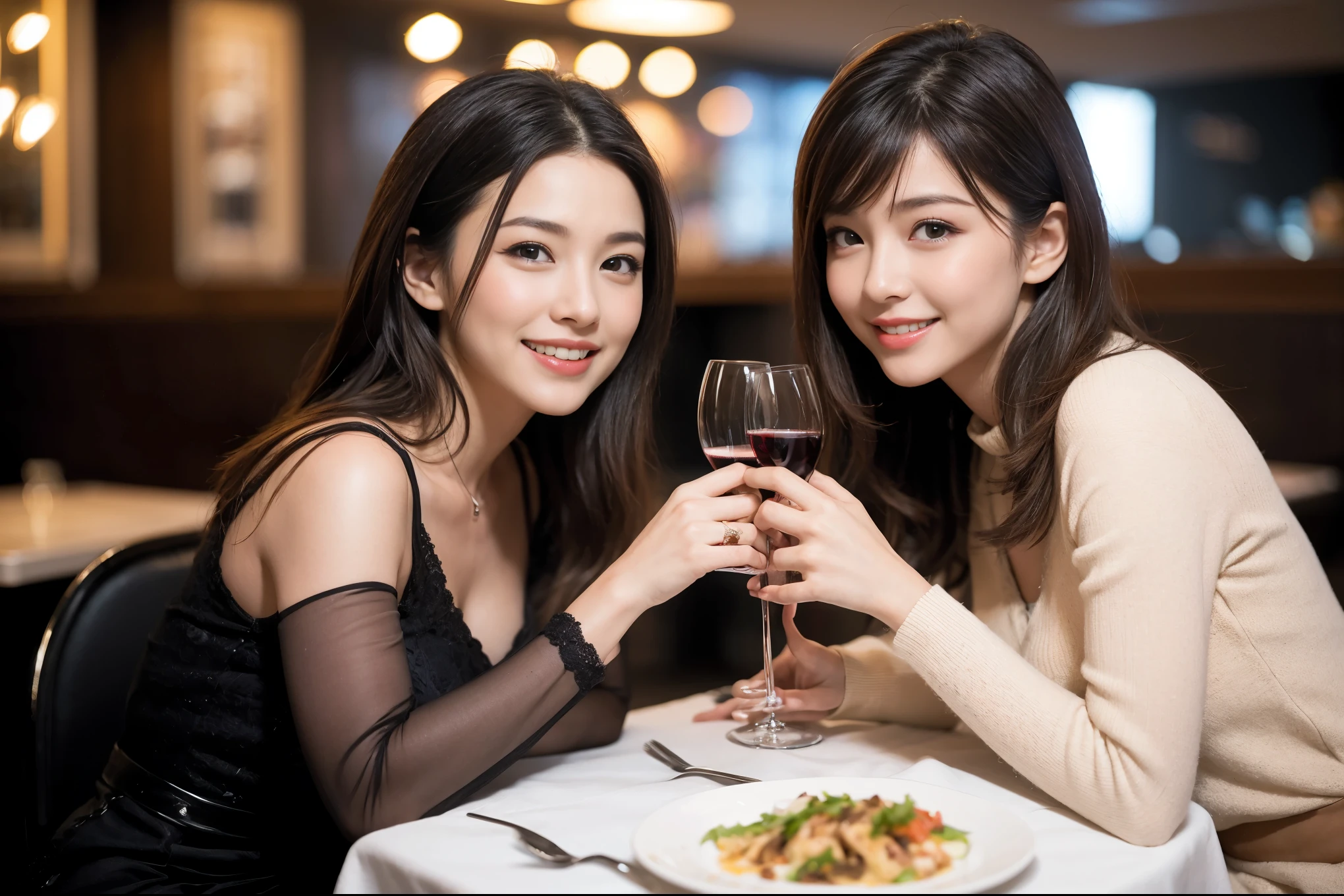 ((highest quality、8k、masterpiece:1.3))、1 male、1 female、spouse、I really like it、Beautiful couple、The body is slim、テーブルの上のwine glass、Facial lighting、full-course dinner、 Amazing view of the sunset sky and clouds、A bright smile、The wonderfulness of smile、Bright image、Beautiful Face, short hair,Bright Face、 (43 years old), 39 years old, red wine 、Appetizers、Italian food、Wine bottle、Champagne、sparkling wine、Two beauties、Brown Hair、Shortcuts、Long sleeve shirt、dress、Pretty Woman 1, (slimな顔), (The body is slim), (Brown Hair), (Shortcuts), cheeks turn a little red,Attractive beauty、restaurant, In a prominent place (From the waist up) Nova Frog Style, actress, model, Upper Body, White wine, slim, wine glass, 中央に置かれたwine glass, smile, (smile: 1.15), Beautiful fine grain, Depth f/2,saturation, High Contrast, Strong light and shadow,Moist Body:1.5、3D texture、Delicate eyes、Brown Hair、The hair is very shiny、