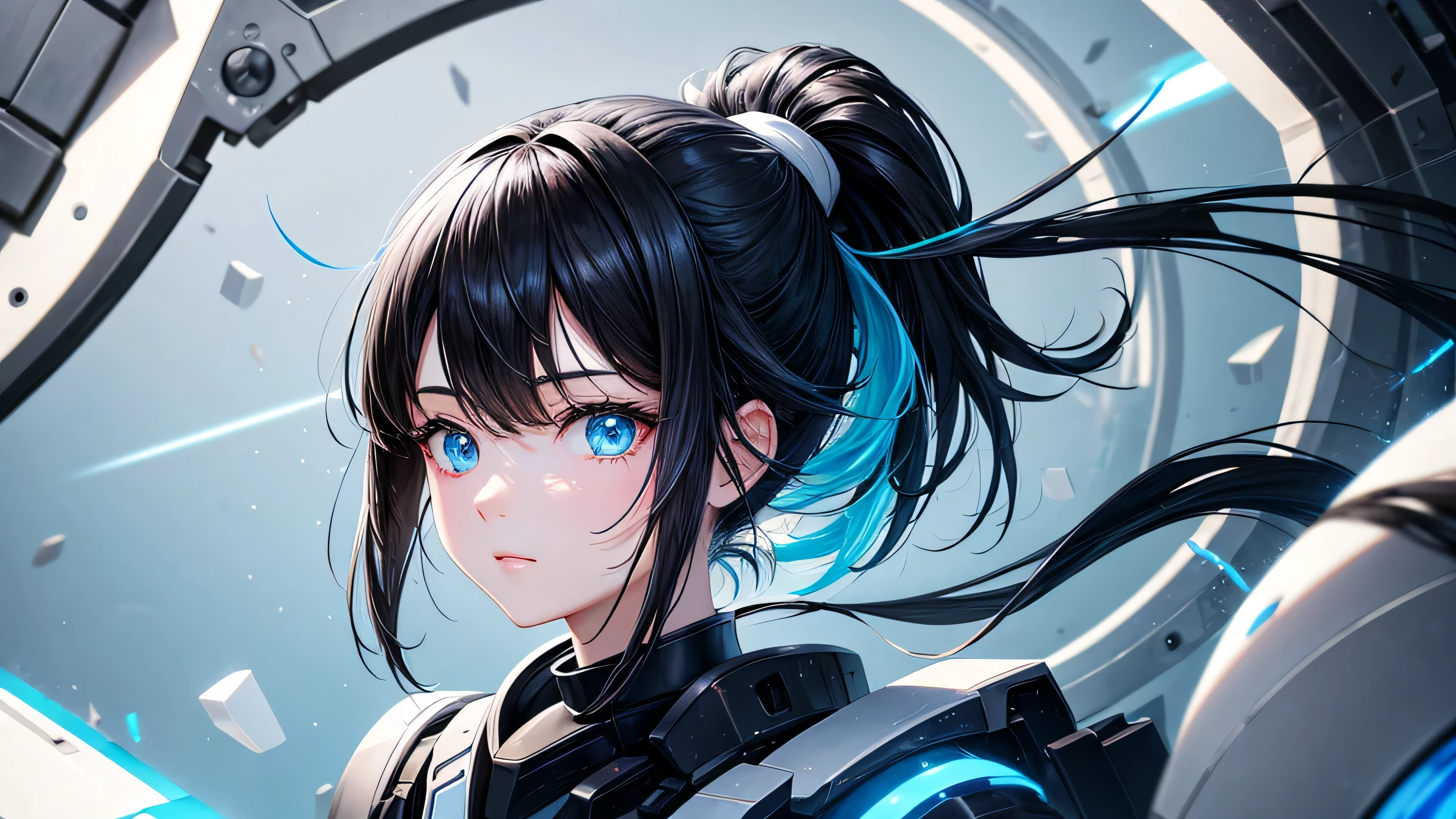 A black-haired girl with a ponytail、Part of his face is mechanical。The main colors are white and light blue　SF