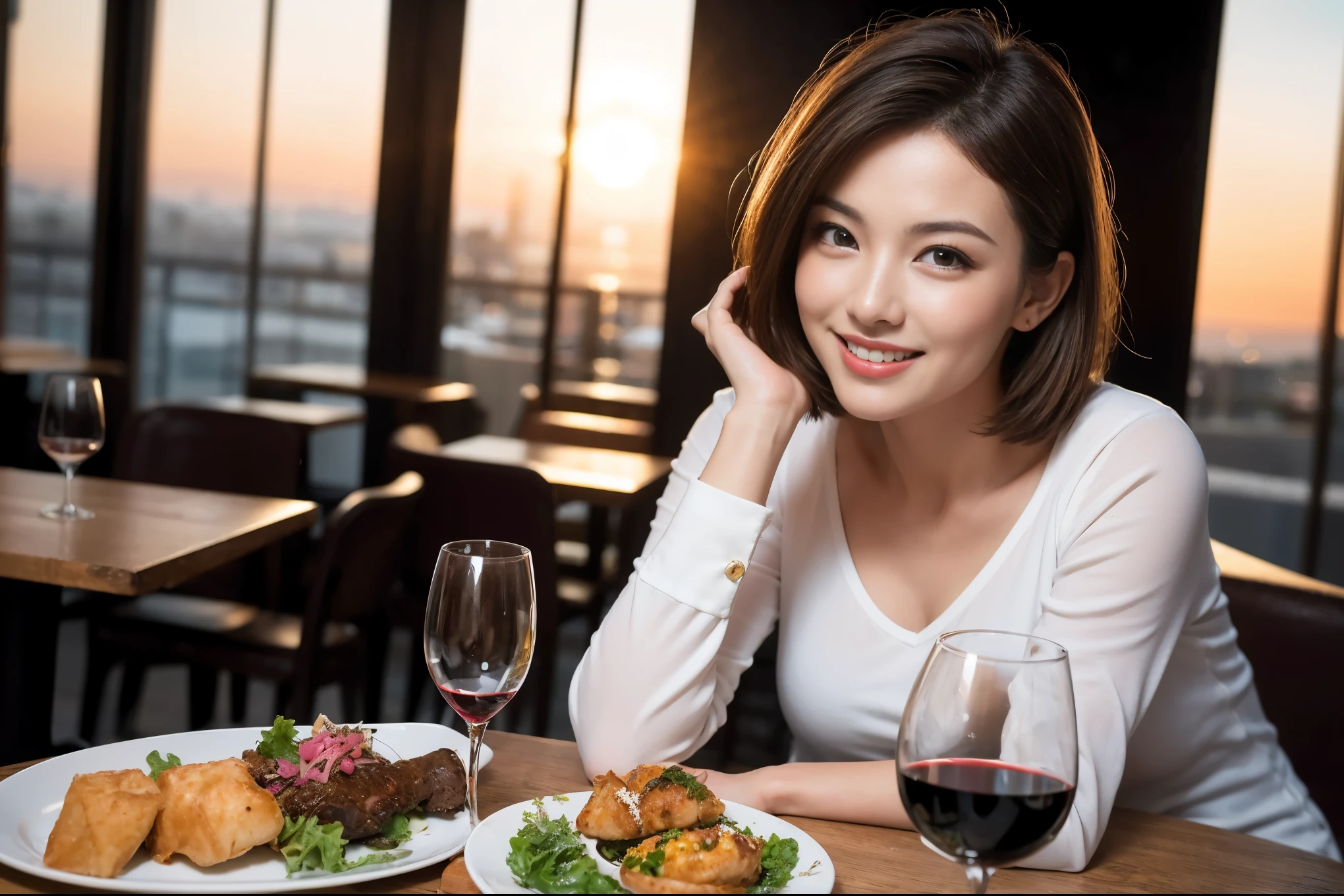 ((highest quality、8k、masterpiece:1.3))、1 male、1 female、spouse、I really like it、Beautiful couple、The body is slim、テーブルの上のwine glass、Facial lighting、full-course dinner、 Amazing view of the sunset sky and clouds、A bright smile、The wonderfulness of smile、Bright image、Beautiful Face, short hair,Bright Face、 (43 years old), 39 years old, red wine 、Appetizers、Italian food、Wine bottle、Champagne、sparkling wine、Two beauties、Brown Hair、Shortcuts、Long sleeve shirt、dress、Pretty Woman 1, (slimな顔), (The body is slim), (Brown Hair), (Shortcuts), cheeks turn a little red,Attractive beauty、restaurant, In a prominent place (From the waist up) Nova Frog Style, actress, model, Upper Body, White wine, slim, wine glass, 中央に置かれたwine glass, smile, (smile: 1.15), Beautiful fine grain, Depth f/2,saturation, High Contrast, Strong light and shadow,Moist Body:1.5、3D texture、Delicate eyes、Brown Hair、The hair is very shiny、
