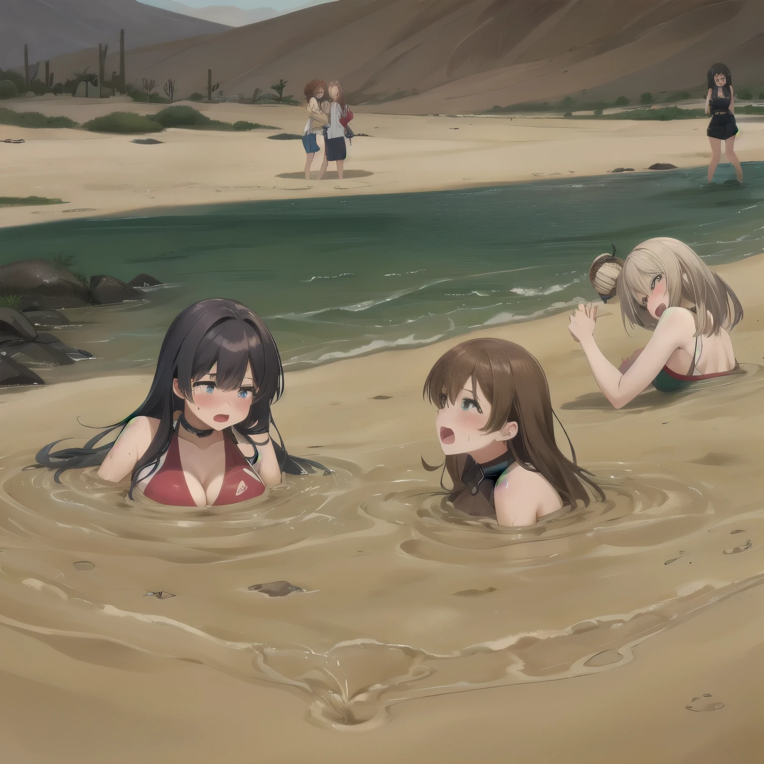best quality, female, multiple girls, group tied up, group submerged, front view, muddy, cleavage, large breasts, wasteland, desert, best quality, sinking, quicksand, 6girls, crowded, close up, sand, slender, 6 girls, tears, blush, drowning, waist deep, 6 girls in quicksand, top, desertscape, 6girls together, scream, struggling, 6 girls drowning, 6 girls wrapped by quicksand, aichan, klaudia valentz, casual clothes