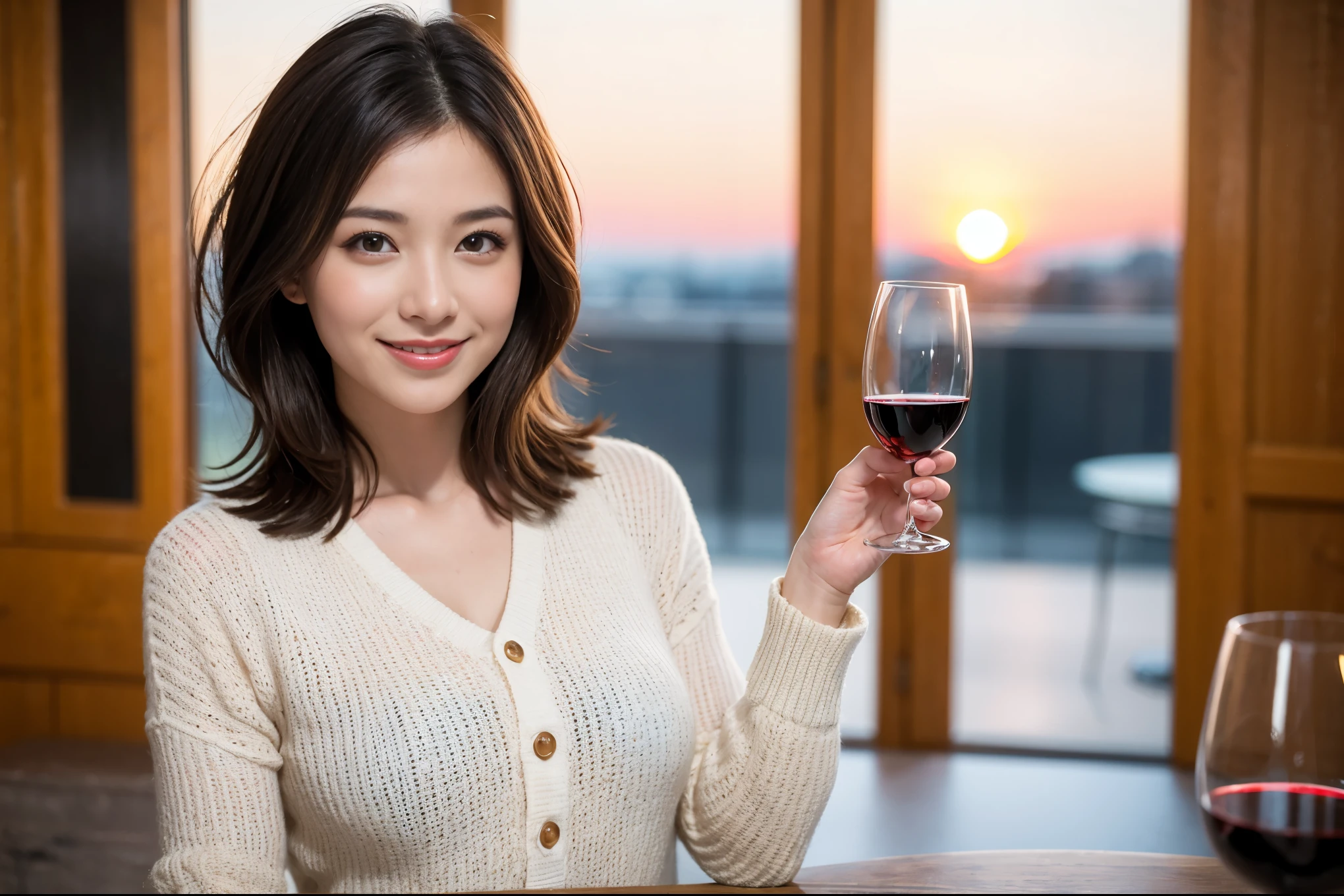 ((highest quality、8k、masterpiece:1.3))、1 male、1 female、spouse、I really like it、Beautiful couple、The body is slim、テーブルの上のwine glass、Facial lighting、full-course dinner、 Amazing view of the sunset sky and clouds、A bright smile、The wonderfulness of smile、Bright image、Beautiful Face, short hair,Bright Face、 (43 years old), 39 years old, red wine 、Appetizers、Italian food、Wine bottle、Champagne、sparkling wine、Two beauties、Brown Hair、Shortcuts、Long sleeve shirt、dress、Pretty Woman 1, (slimな顔), (The body is slim), (Brown Hair), (Shortcuts), cheeks turn a little red,Attractive beauty、restaurant, In a prominent place (From the waist up) Nova Frog Style, actress, model, Upper Body, White wine, slim, wine glass, 中央に置かれたwine glass, smile, (smile: 1.15), Beautiful fine grain, Depth f/2,saturation, High Contrast, Strong light and shadow,Moist Body:1.5、3D texture、Delicate eyes、Brown Hair、The hair is very shiny、