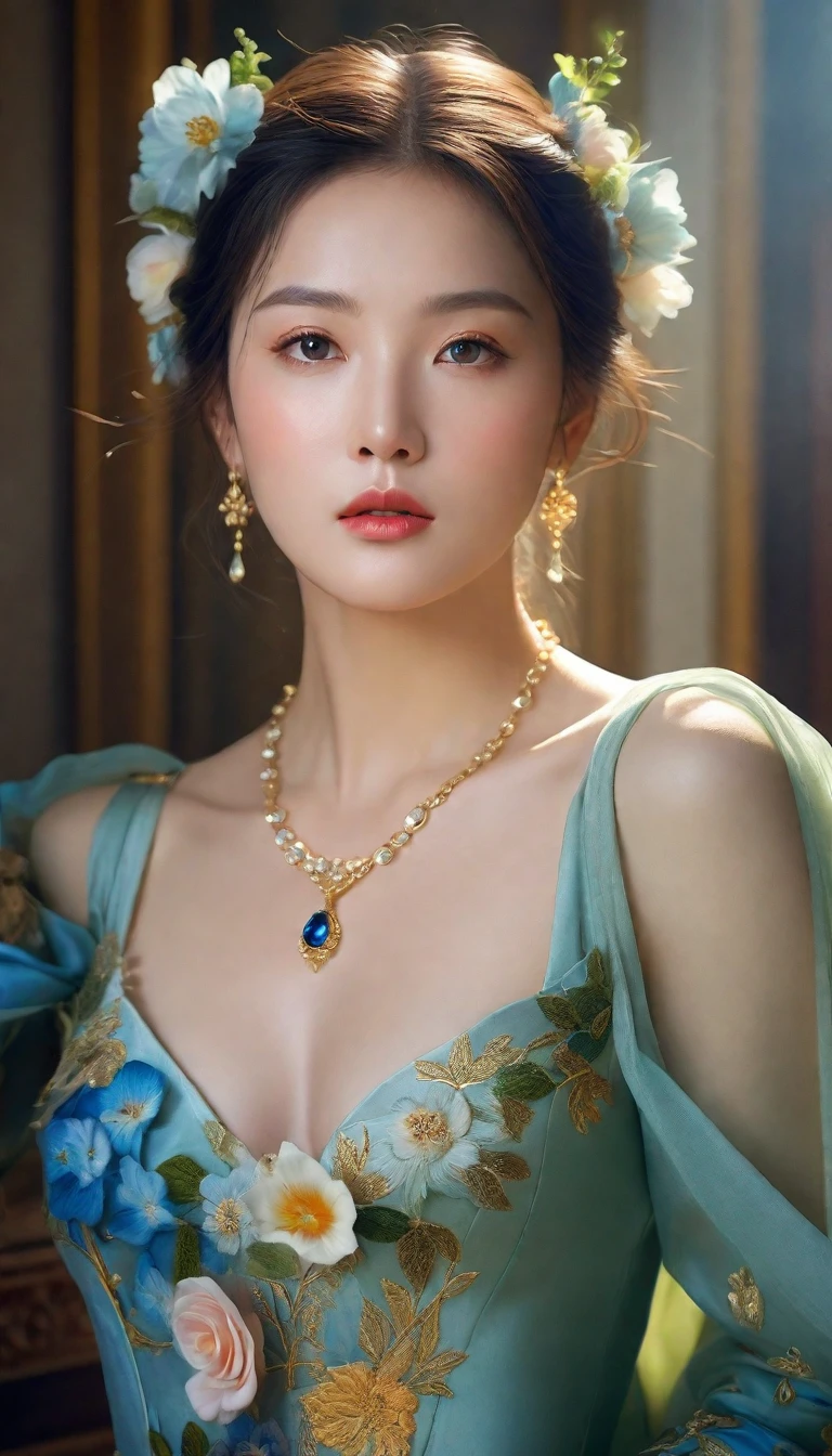 (highest quality, High resolution, masterpiece:1.2), Super detailed, (Realistic, Realistic, Photorealistic:1.37), Portraiture, Creative style artwork, historic, Classic, Sophisticated, Variety of colors, Very detailed, Luxurious surroundings, Detailed gown, Bright flowers, Elaborate jewelry, Mysterious atmosphere, Graceful pose, Graceful curves, Gold Body Proportion, Flowing hair, Breathtaking textile patterns, blue, green, Delicate floral decoration, A stunning array of crystal accessories, Mysterious and dreamy atmosphere, Perfect attention to detail., Soft lighting, 8k, textured skin, high details, masterpiece
