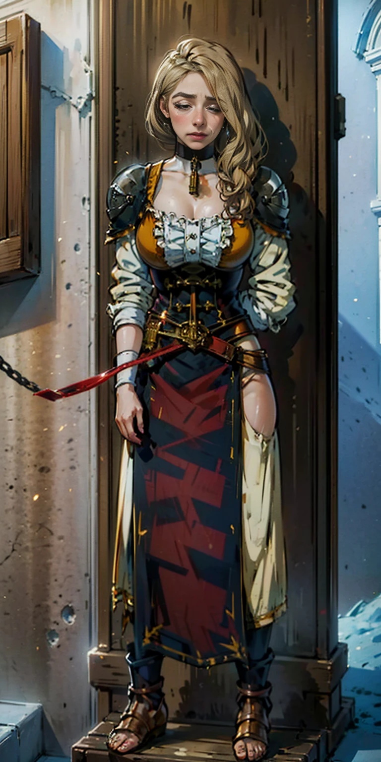 (masterpiece, best quality), intricate details, 1girl, Mercedes von Martritz from Fire Emblem (standing full body toe to head by wooden pole:1.2) iron collar, arms behind back, iron cuffs, shackles, bound, bondage outfit, harness, o-ring, bondage outfit blindfolded cover eyes, happy red cheeks, chain leash collar choker neck bell shackles wristbands bracers bracelets, cleave gag, sad face, red cheeks, cryings tears, painful (she was sold and betrayed by her own family)