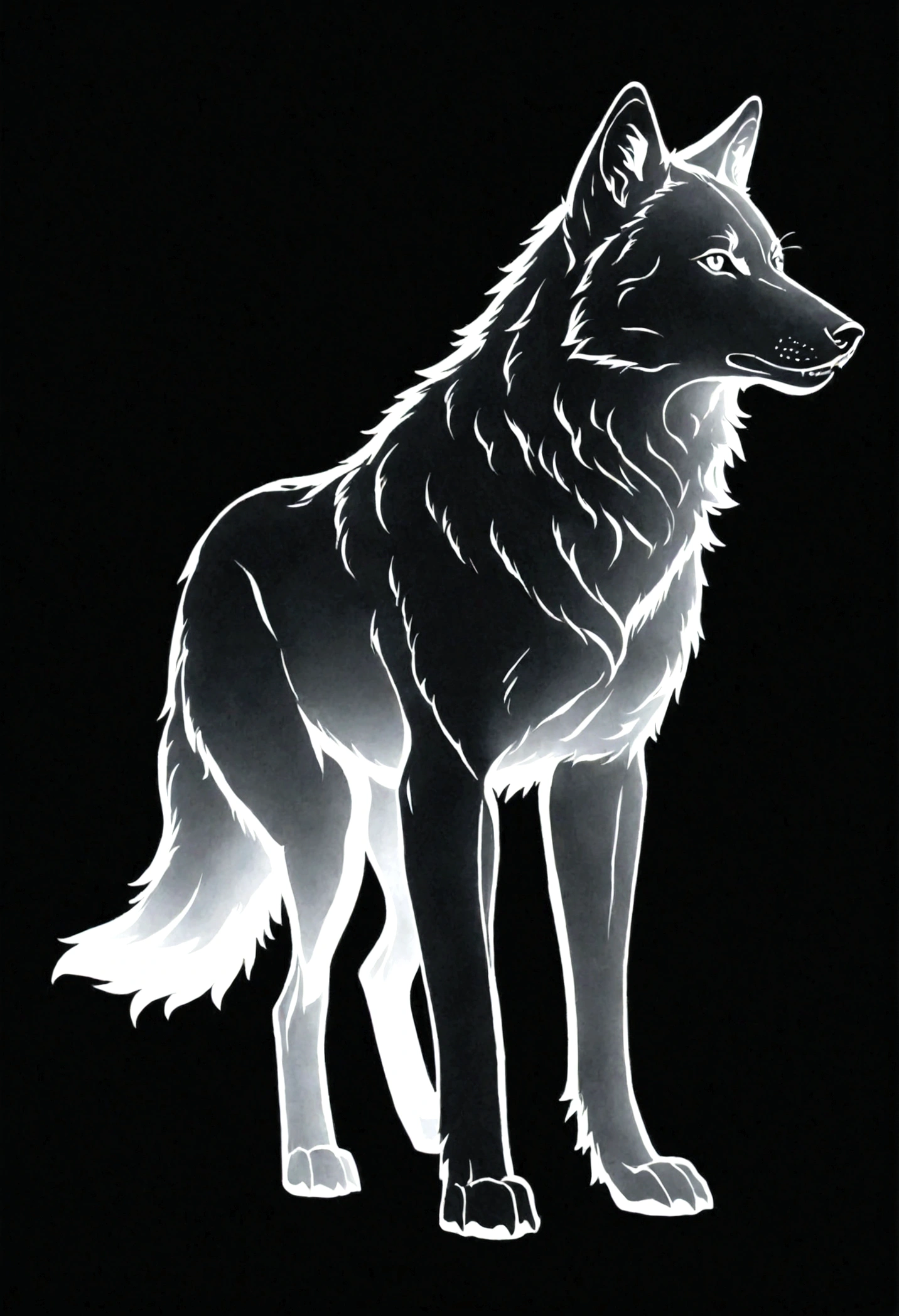 White silhouette design of a single wolf,Black Background,Beautiful silhouette,looking at the camera,Biologically correct