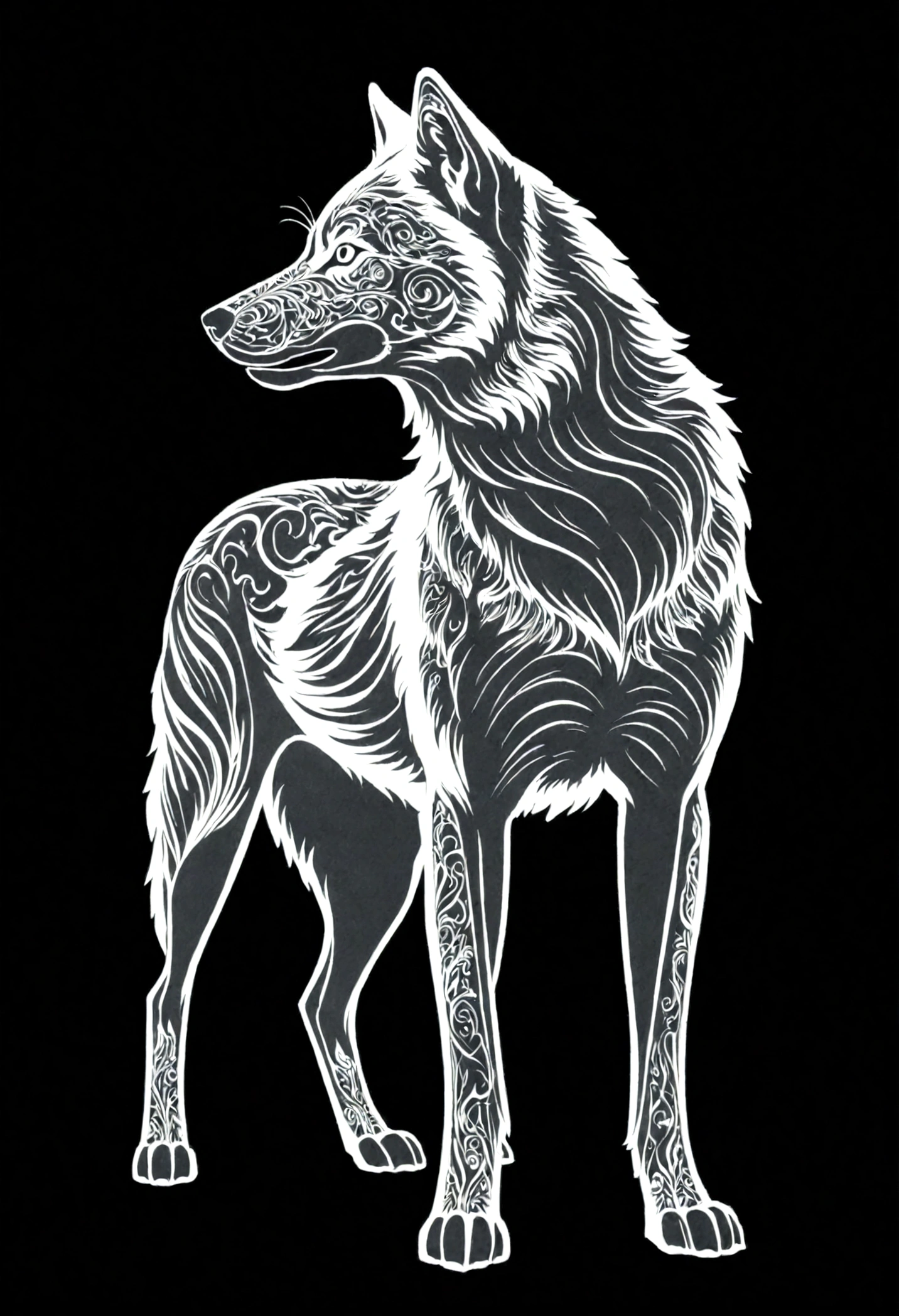White silhouette design of a single wolf,Black Background,Beautiful silhouette,looking at the camera,Biologically correct