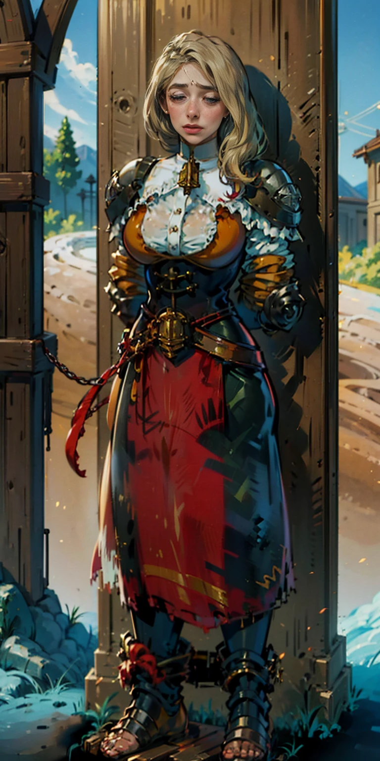 (masterpiece, best quality), intricate details, 1girl, Mercedes von Martritz from Fire Emblem (standing full body toe to head by wooden pole:1.2) iron collar, arms behind back, iron cuffs, shackles, bound, bondage outfit, harness, o-ring, bondage outfit blindfolded cover eyes, happy red cheeks, chain leash collar choker neck bell shackles wristbands bracers bracelets, cleave gag, sad face, red cheeks, cryings tears, painful (she was sold and betrayed by her own family)