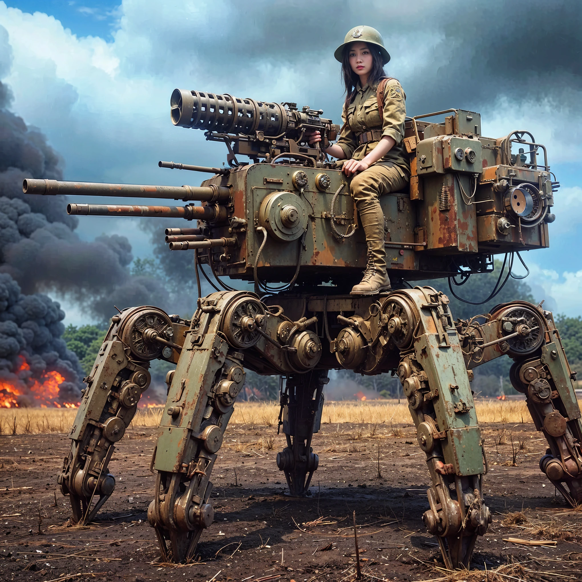 ((super intricate all details)),((super realistic all textures)),Overall photo of a female soldier sitting on a piece of fictional WWII Japanese military type weapon, beautiful face, dirty clothes, very intricate details, olive drab paint, peeling paint, weathering, rust, taken with Fuji film X-T30+Nokton. HDR10