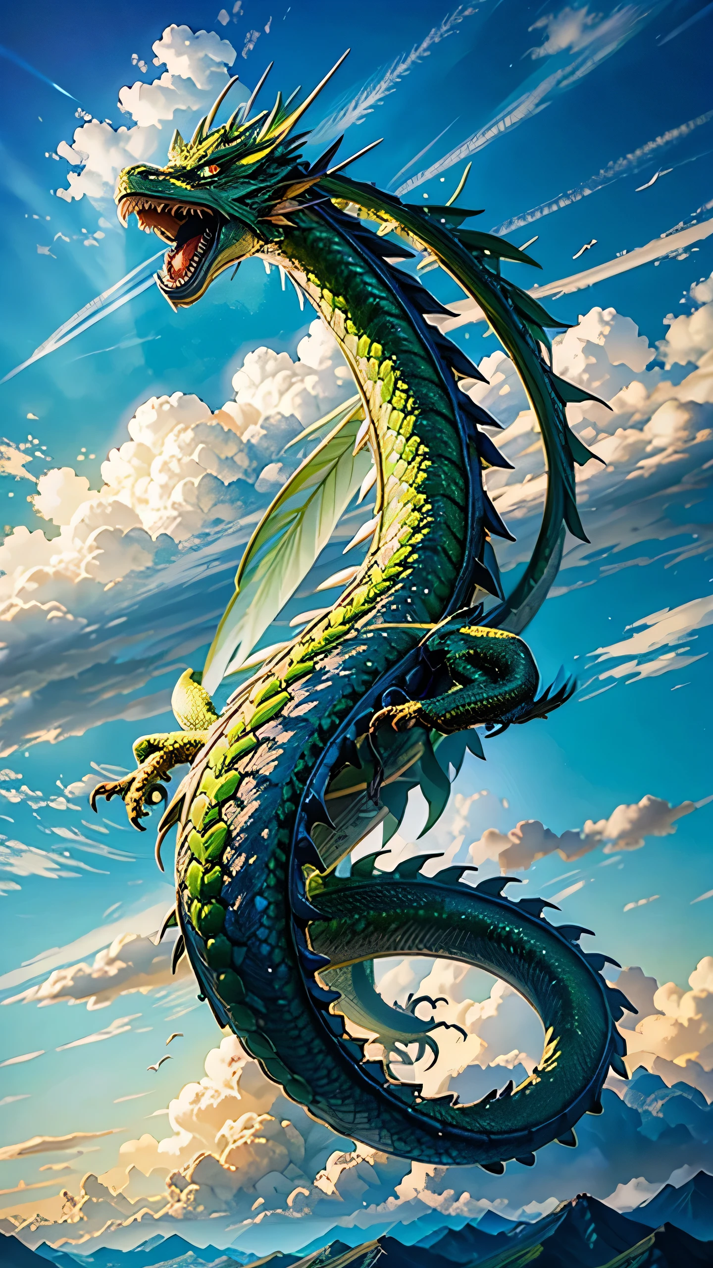 A gigantic, green, divine chinese dragon; cumulonimbus clouds floating in the blue summer sky; people looking at the chinese dragon、Realistic painting style、Japanese style、