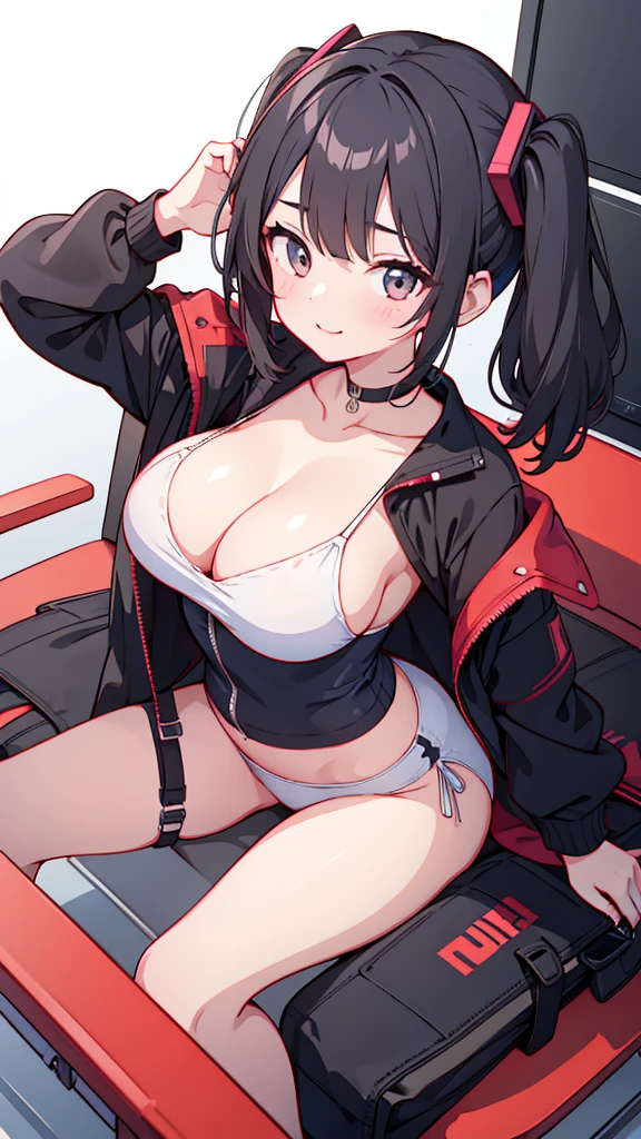 masterpiece,anime style,chibi,sexy girl,black hair,shoulder length hair with two pigtails,black jacket,with headphones,lo fi background,smiling,big breasts,listening to music,waiting on the right side of the image,