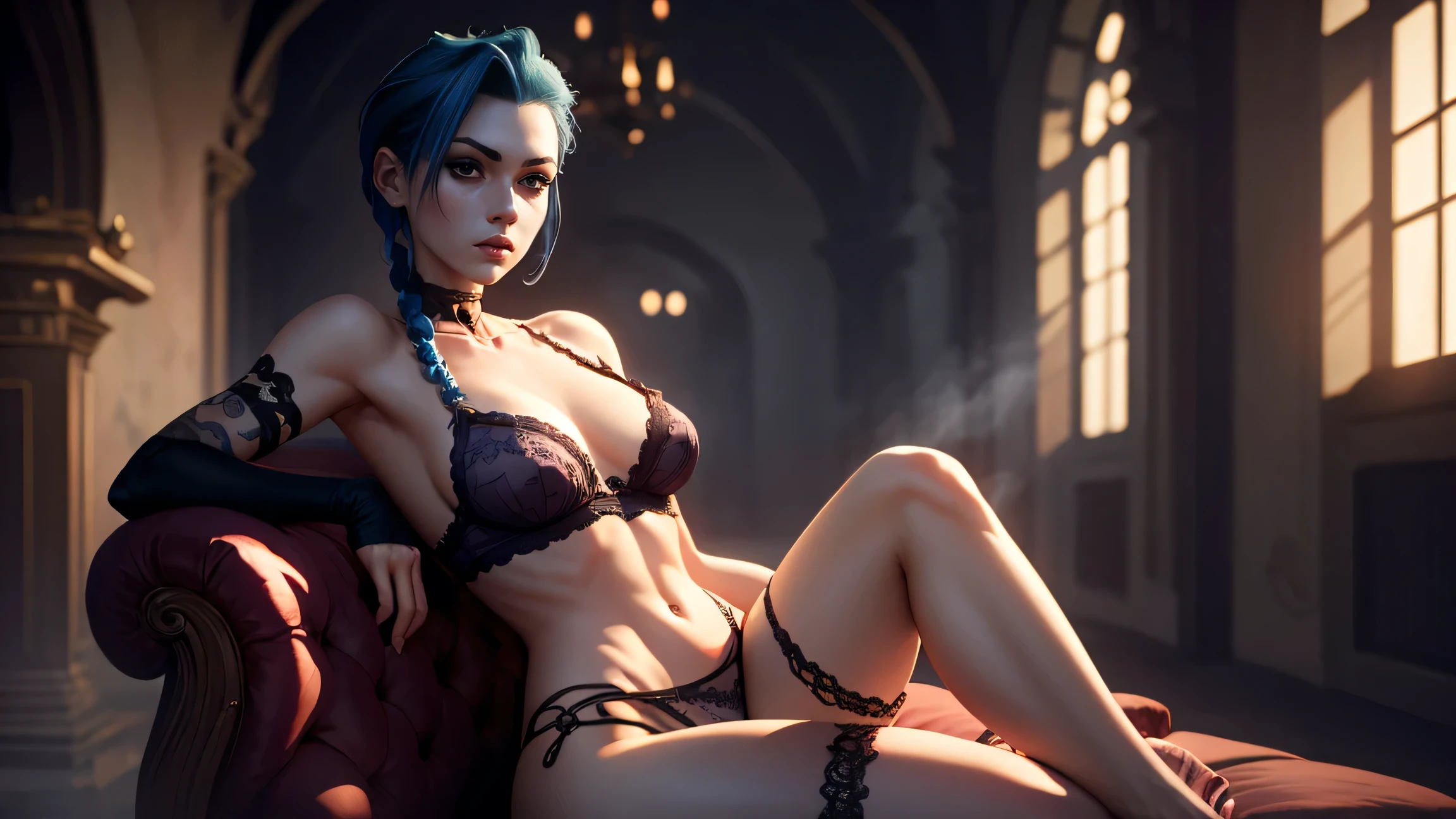 ((art)), ((detailed)), Jinx, wearing lingerie, inside a castle, sitting on a throne facing the camera, fog, neat hair, two braids, sensual pose, Leg fully open, ((Perfect Anatomy)), detailed scenery, realistic, UHD, 8K