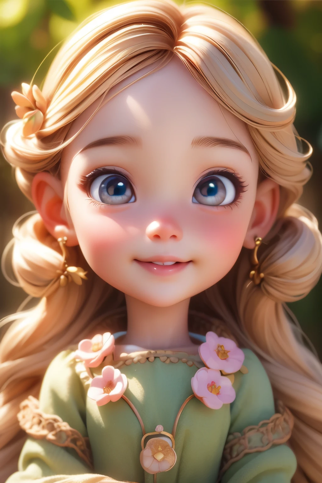 Photorealistic、Chibi Girl Doll(Apple-themed clothing、Have a magic wand、smile),8k, photorealistic, beautiful detailed eyes, beautiful detailed lips, extremely detailed face and skin, intricate details, vibrant colors, natural lighting, pastoral, serene, tranquil, cozy, cute, adorable, kawaii