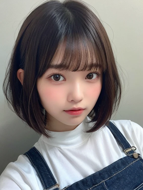 Close-up of a woman in overalls, neat hair With bangs, Short fine hair, Bob hairstyle, Short fine hair With bangs, Round-faced Southeast Asian, Cute and delicate face of a girl, With bangs, Korean Girls, Young and pretty Asian face, Korean symmetrical face, Center-parted bangs, Avatar Profile Picture，The background is the coast