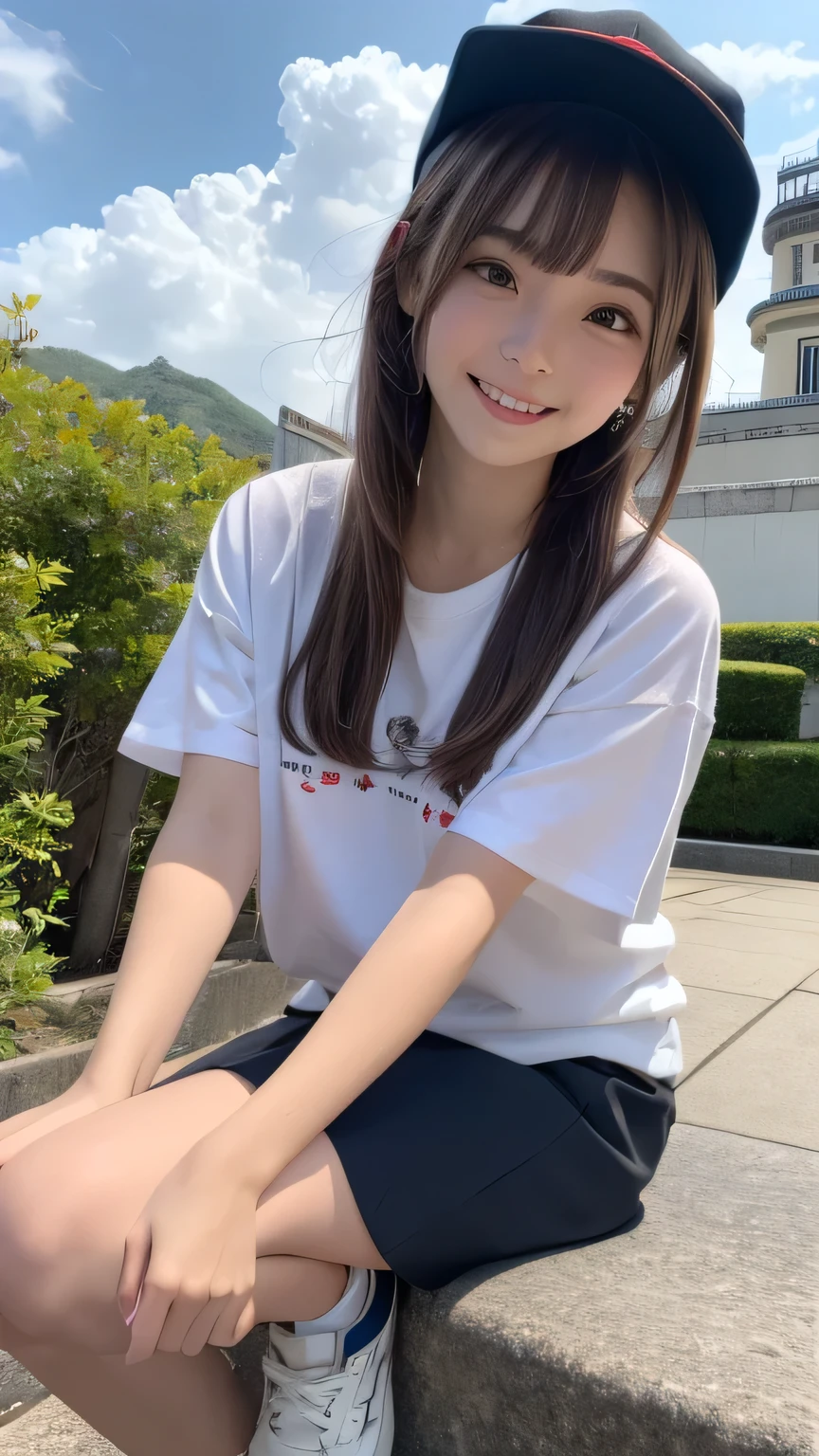 closeup shot , Best picture quality (8K, high resolution, Masterpiece: 1.2), super detailed, 215 Short Hair, 16-year-old woman,
situation: A scene of a tour of Shuri Castle in Okinawa, Japan。
clothing: A simple T-shirt and a casual skirt、Sneakers on your feet。Add a hat as an accessory、Hair tied up in a ponytail。
angle: With Shuri Castle in the background、Shot from a short distance。Posing in front of the castle、Close-up of a man's hands gazing at the intricate details。
Close-up of face
, random cute pose ,big eyes ,Puffy eyes , Heart Pupil, blush , huge shy smile , salute