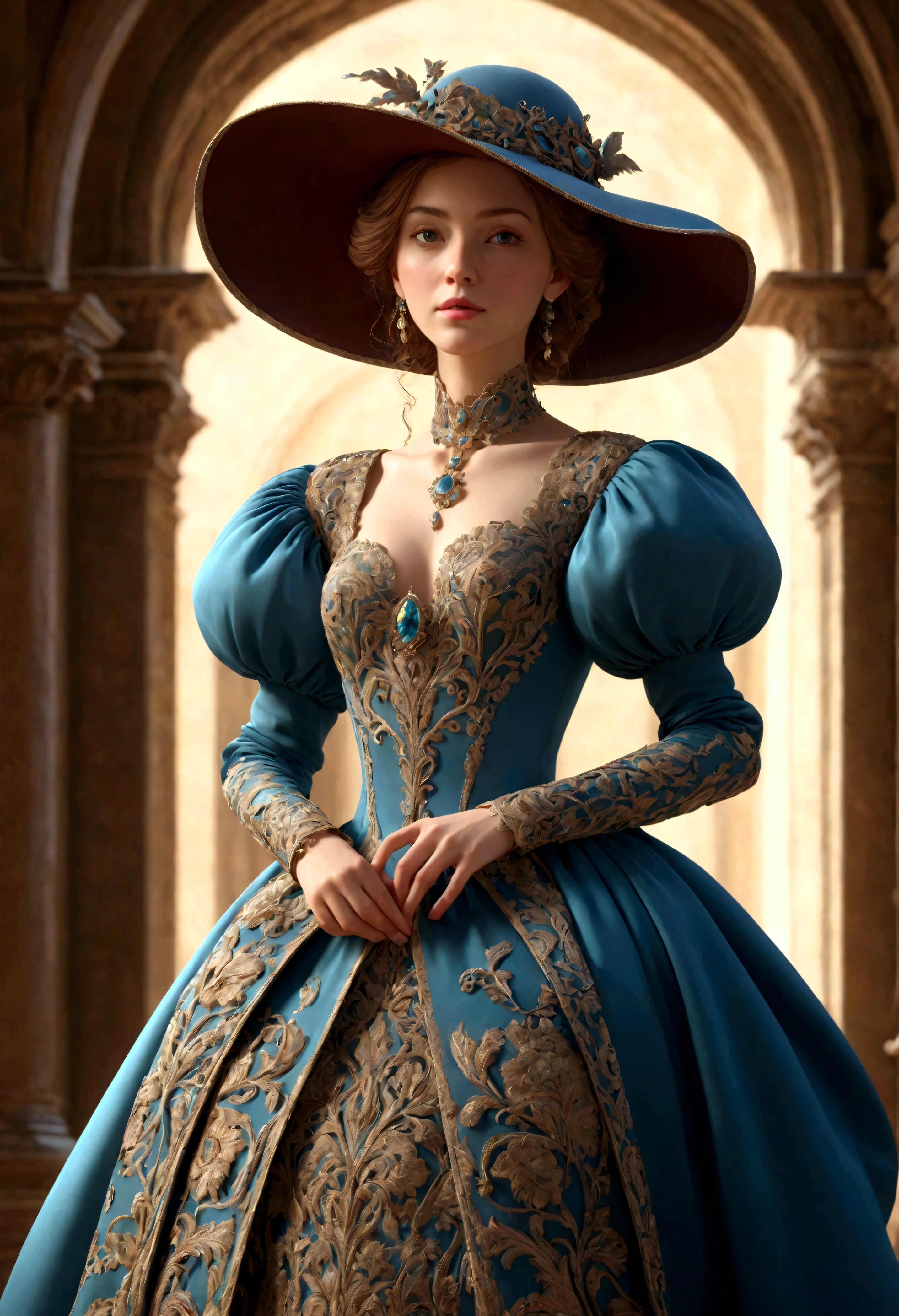 Woman in luxurious long dress、hat、Renaissance design、intricate detailed, Digital Art、Octane Render、3D Rendering、