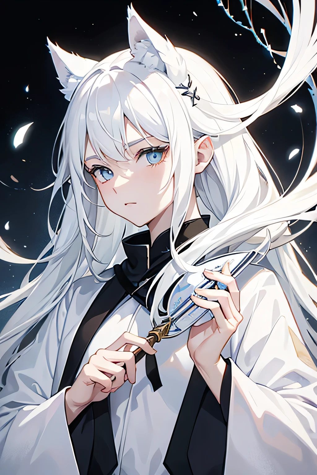 White Wolf Boy,Pointed ears,White hair,Holding a pure white mask to cover the face,45 degree side face