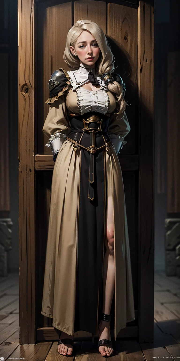 (masterpiece, best quality), intricate details, 1girl, Mercedes von Martritz from Fire Emblem (standing full body toe to head by wooden pole:1.2) iron collar, arms behind back, iron cuffs, shackles, bound, bondage outfit, harness, o-ring, bondage outfit blindfolded cover eyes, happy red cheeks, chain leash collar choker neck bell shackles wristbands bracers bracelets, cleave gag, sad face, red cheeks, cryings tears, painful (she was sold and betrayed by her own family)