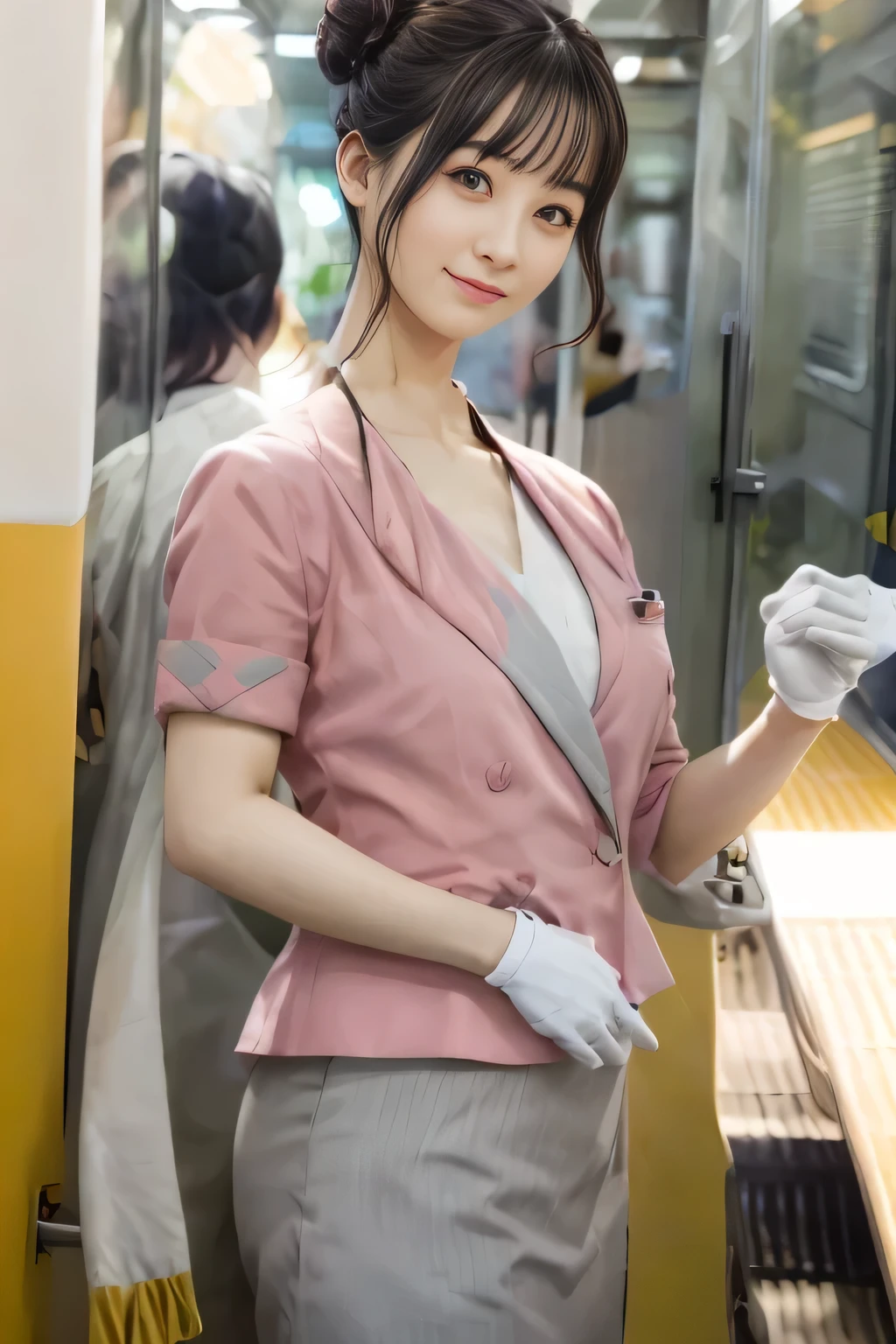 (masterpiece:1.2, highest quality:1.2), 32K HDR, High resolution, (alone、1 girl)、(On the rooftop of a building in the daytime、Professional Lighting)、Building rooftop background、(Nankai train crew uniform pinkを着たリアルスタイル)、(Nankai train crew uniform pink short sleeve collarless pink jacket、Nankai Train Crew Uniform Pink Collarless Short Sleeve Blouse、Nankai Train Crew Uniform Pink Grey Knee-length Culottes)、((The bottom of the pink short-sleeved jacket cannot be tucked into the clay-colored culottes.))、Dark brown hair、(Hair tied up、Hair Bun、Hair Bun)、Dark brown hair、Long Shot、Big Breasts、Thin legs、((Great hands:2.0)),((Harmonious body proportions:1.5)),((Normal limbs:2.0)),((Normal finger:2.0)),((Delicate eyes:2.0)),((Normal eyes:2.0)))、smile、(Nankai Train Crew Uniform Pink Grey Knee-length Culottesを見せた美しい立ち姿)、