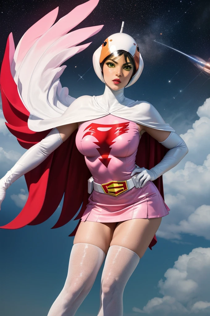 ((masterpiece)),((highest quality)),((High resolution)),((Highly detailed CG Unity 8k wallpaper)), Outdoor, Day, Upper Body, View Viewer, alone, Concentrated, break,
Year_Classic_Jun_Gatchaman_My Waifu, Jun the swan,
One girl, chest, lips, medium chest, large chest, Green Eyes, lipstick, compensate, eyelash, eye shadow,
visor, Helmet, Cape, Elbow hand pockets, Knee socks, belt, White gloves, zettai ryouiki, mask, skirt, White legwear, Superhero, leotard, Spacesuit, Pink Dress, white Cape, pink leotard, pink skirt, Short dress,