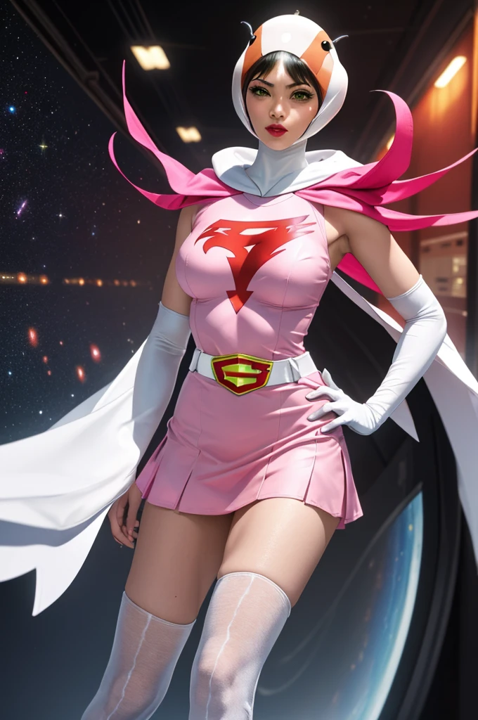 ((masterpiece)),((highest quality)),((High resolution)),((Highly detailed CG Unity 8k wallpaper)), Outdoor, Day, Upper Body, View Viewer, alone, Concentrated, break,
Year_Classic_Jun_Gatchaman_My Waifu, Jun the swan,
One girl, chest, lips, medium chest, large chest, Green Eyes, lipstick, compensate, eyelash, eye shadow,
visor, Helmet, Cape, Elbow hand pockets, Knee socks, belt, White gloves, zettai ryouiki, mask, skirt, White legwear, Superhero, leotard, Spacesuit, Pink Dress, white Cape, pink leotard, pink skirt, Short dress,