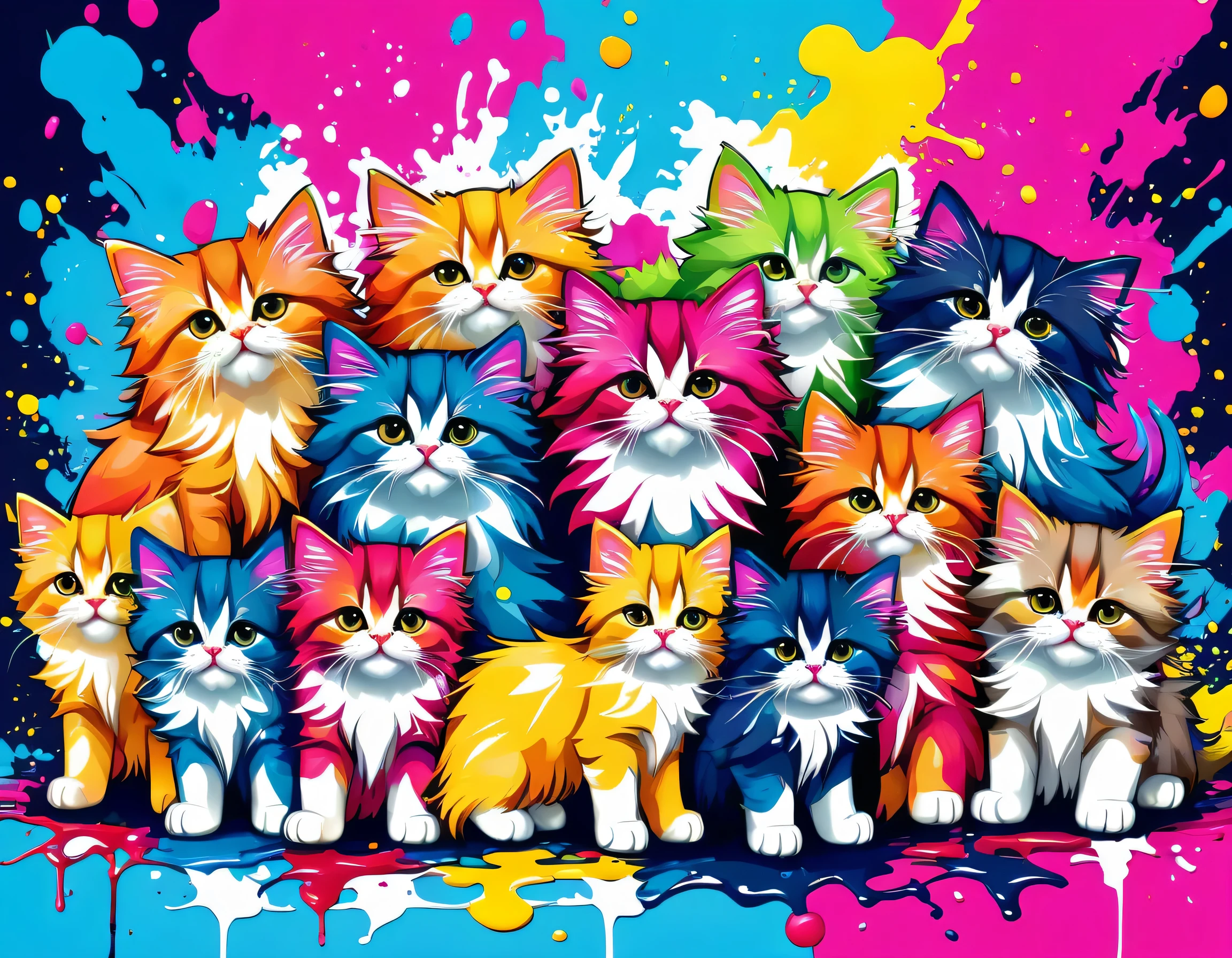 Komugiko 2000 Style, Vector Art, Colorful illustration with lots of cute Persian kittens and puppys, In the center, Vibrant colors, Paint splatters and stains, High Detail, urban background