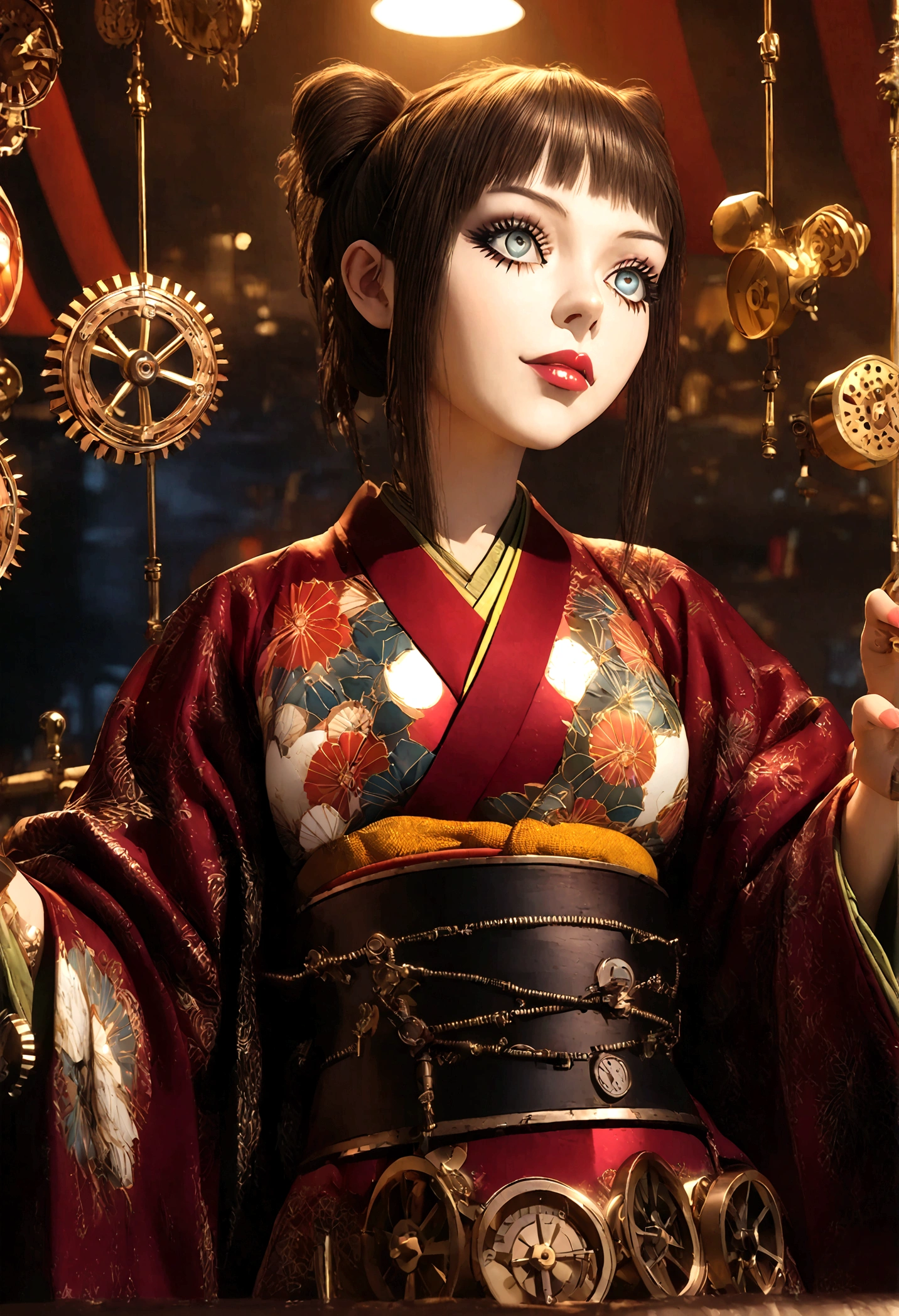 realistic 3D render, 1girl, extremely detailed face, beautiful detailed eyes, beautiful detailed lips, long eyelashes, porcelain skin, elegant kimono, traditional japanese circus, colorful circus tent, detailed clockwork gears, brass mechanisms, copper pipes, steampunk style, warm lighting, vibrant colors, cinematic composition, photorealistic, 8k, high quality, masterpiece