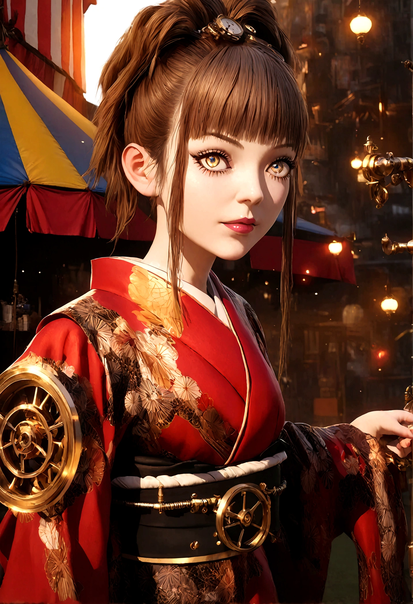 realistic 3D render, 1girl, extremely detailed face, beautiful detailed eyes, beautiful detailed lips, long eyelashes, porcelain skin, elegant kimono, traditional japanese circus, colorful circus tent, detailed clockwork gears, brass mechanisms, copper pipes, steampunk style, warm lighting, vibrant colors, cinematic composition, photorealistic, 8k, high quality, masterpiece