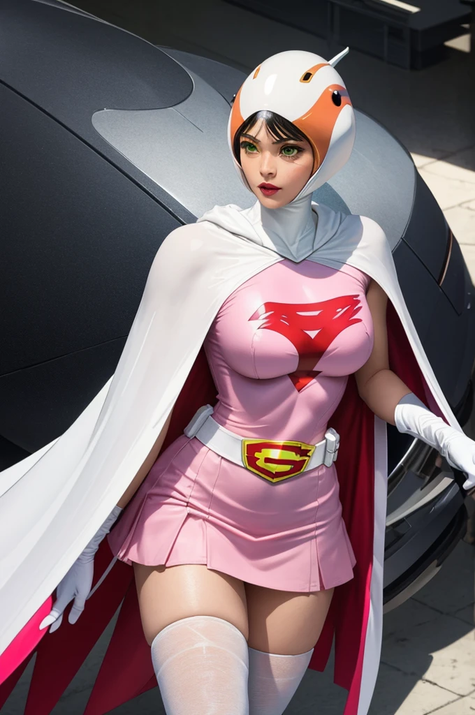 ((masterpiece)),((highest quality)),((High resolution)),((Highly detailed CG Unity 8k wallpaper)), Outdoor, Day, Upper Body, View Viewer, alone, Concentrated, break, 
Year_Classic_Jun_Gatchaman_My Waifu, Jun the swan, 
One girl, chest, lips, medium chest, large chest, Green Eyes, lipstick, compensate, eyelash, eye shadow,
visor, Helmet, Cape, Elbow hand pockets, Knee socks, belt, White gloves, zettai ryouiki, mask, skirt, White legwear, Superhero, leotard, Spacesuit, Pink Dress, white Cape,  pink leotard, pink skirt, Short dress,
