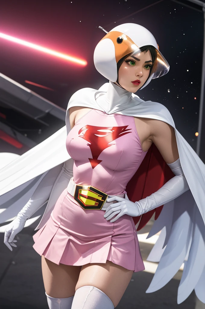 ((masterpiece)),((highest quality)),((High resolution)),((Highly detailed CG Unity 8k wallpaper)), Outdoor, Day, Upper Body, View Viewer, alone, Concentrated, break,
Year_Classic_Jun_Gatchaman_My Waifu, Jun the swan,
One girl, chest, lips, medium chest, large chest, Green Eyes, lipstick, compensate, eyelash, eye shadow,
visor, Helmet, Cape, Elbow hand pockets, Knee socks, belt, White gloves, zettai ryouiki, mask, skirt, White legwear, Superhero, leotard, Spacesuit, Pink Dress, white Cape, pink leotard, pink skirt, Short dress,