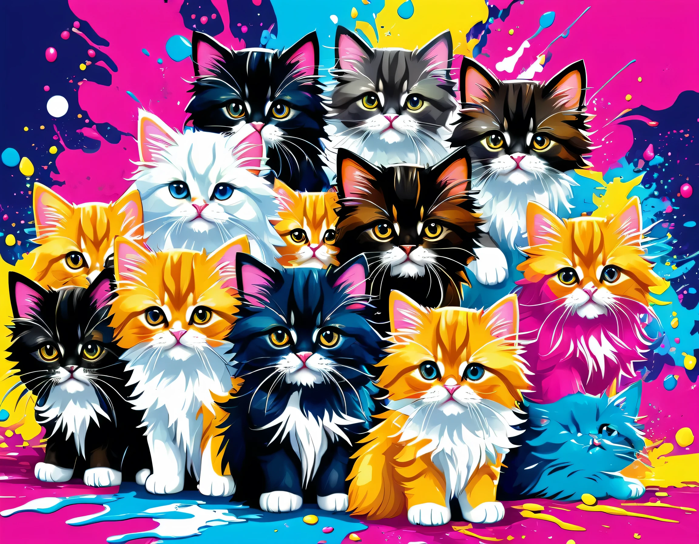 Komugiko 2000 Style, Vector Art, Colorful illustration with lots of cute Persian kittens and puppys, In the center, Vibrant colors, Paint splatters and stains, High Detail, urban background