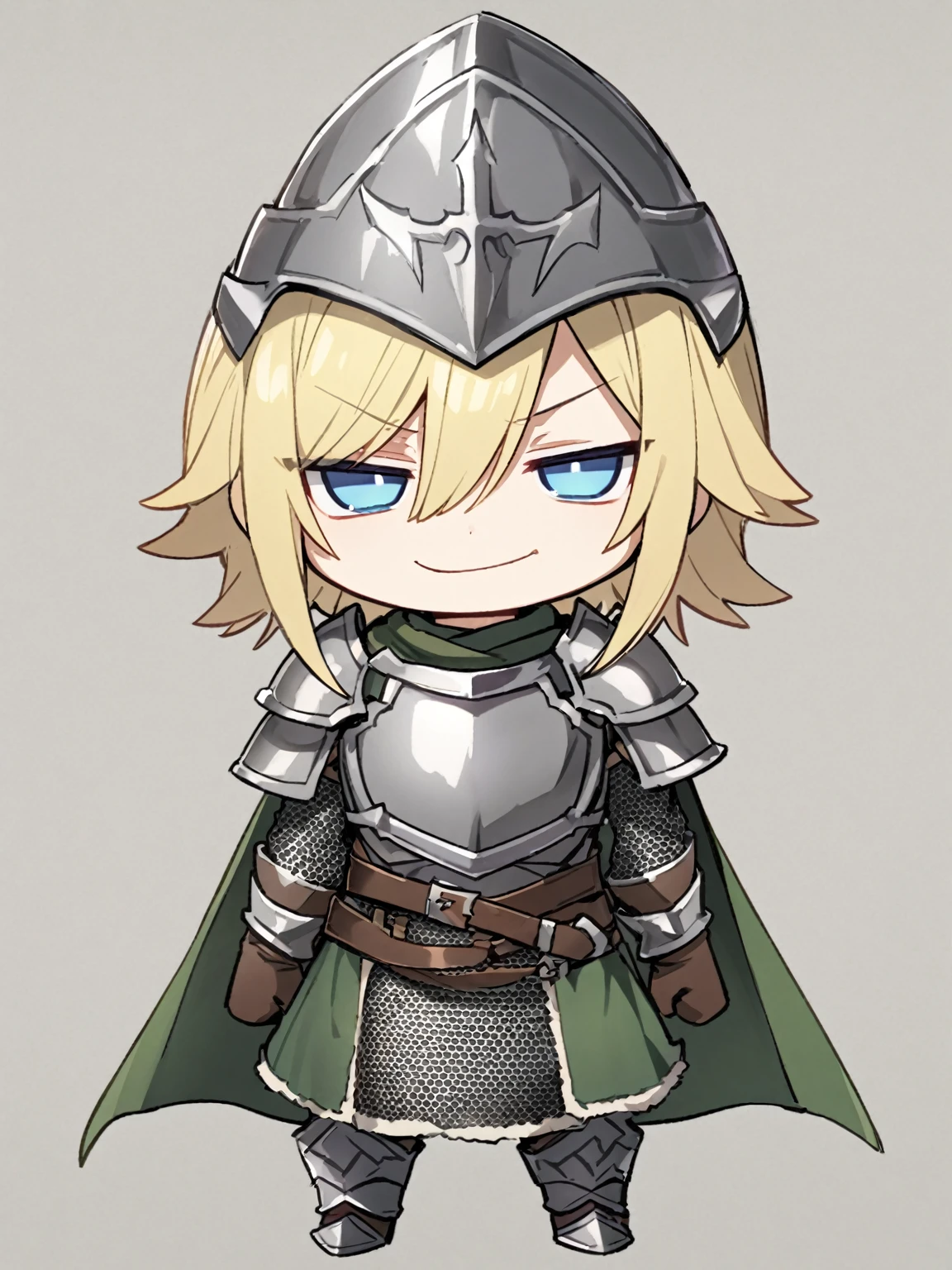 {{{kame (kamepan44231), full body, no humans, chibi, jitome, fumo (doll)}}}, straight-on, looking at viewer, medieval fantasy, solo, 1boy, solo, facing viewer, male, blond hair, hair between eyes, blue eyes, medium hair, swept bangs, grey armor, leather gloves, (evil smile:1.3), (full armor:1.3), grey breastplate, grey armor, green shirt, sanpaku, long sleeves, belt, fur trim, long sidelocks, nape hair, hand on own waist, chainmail, toned male.