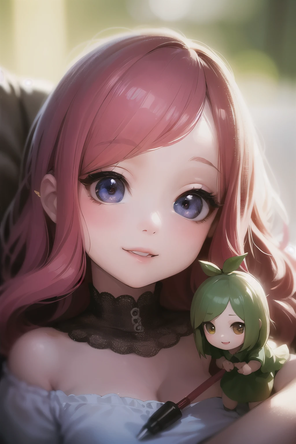 Photorealistic、Chibi Girl Doll（Apple-themed clothing、Have a magic wand、smile）,8k, photorealistic, beautiful detailed eyes, beautiful detailed lips, extremely detailed face and skin, intricate details, vibrant colors, natural lighting, pastoral, serene, tranquil, cozy, cute, adorable, kawaii