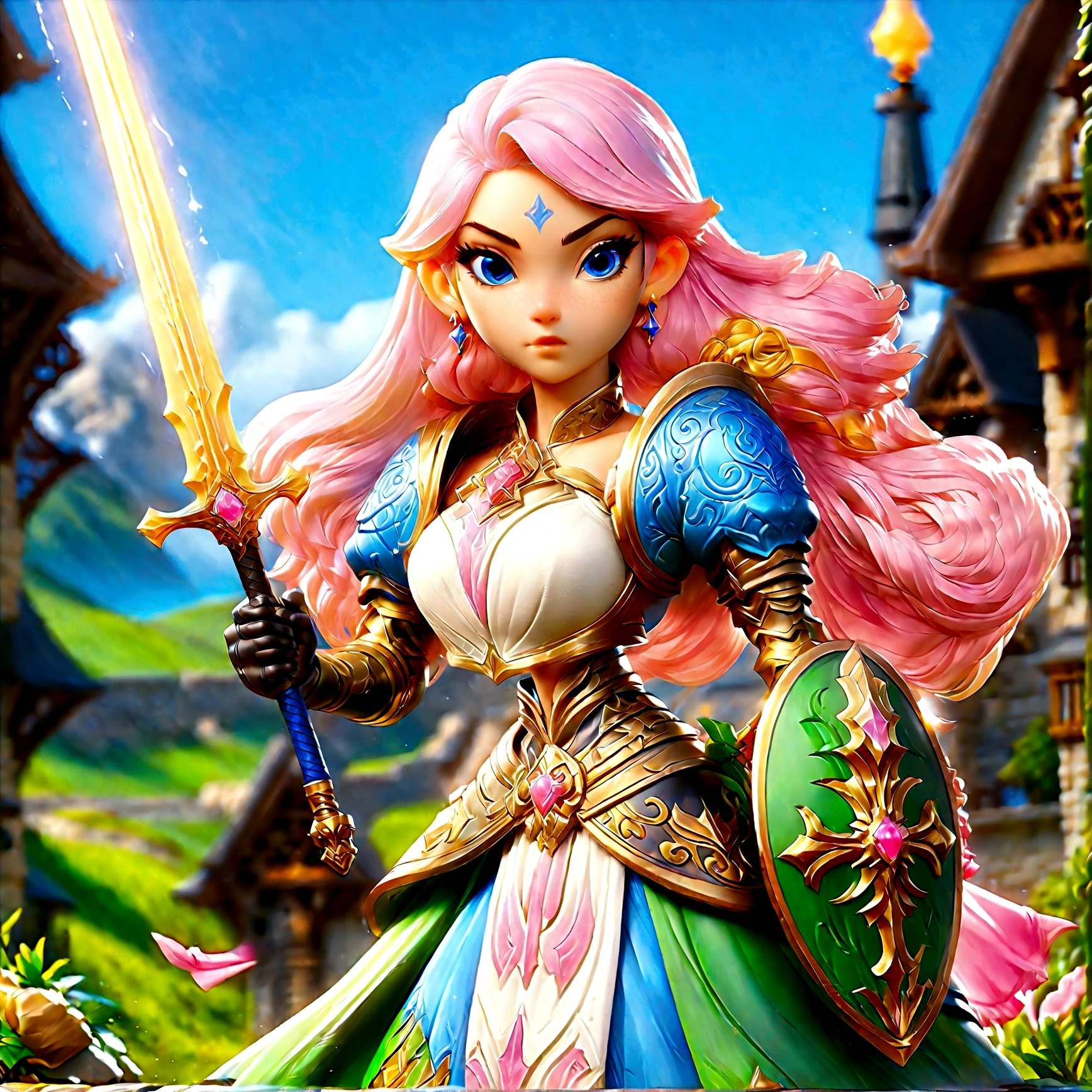 fantasy art, dnd art, RPG art, wide shot, (masterpiece: 1.4) a (portrait: 1.3) intense details, highly detailed, photorealistic, best quality, highres, portrait a female (fantasy art, Masterpiece, best quality: 1.3) ((blue skin: 1.5)), intense details facial details, exquisite beauty, (fantasy art, Masterpiece, best quality) cleric, (blue: 1.3) skinned female, ((pink hair: 1.5)), long hair, ((no ears: 1.5)), (green: 1.3) eye, fantasy art, Masterpiece, best quality) armed a fiery sword red fire, wearing heavy (white: 1.3) half plate mail armor, wearing high heeled laced boots, wearing an(orange :1.3) cloak, wearing glowing holy symbol GlowingRunes_yellow, within fantasy temple background, reflection light, high details, best quality, 16k, [ultra detailed], masterpiece, best quality, (extremely detailed), close up, ultra wide shot, photorealistic, RAW, fantasy art, dnd art, fantasy art, realistic art,((best quality)), ((masterpiece)), (detailed), perfect face, colouredglazecd_xl