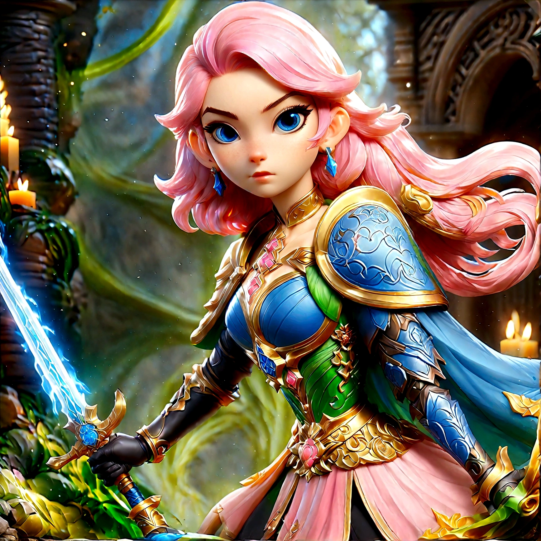fantasy art, dnd art, RPG art, wide shot, (masterpiece: 1.4) a (portrait: 1.3) intense details, highly detailed, photorealistic, best quality, highres, portrait a female (fantasy art, Masterpiece, best quality: 1.3) ((blue skin: 1.5)), intense details facial details, exquisite beauty, (fantasy art, Masterpiece, best quality) cleric, (blue: 1.3) skinned female, ((pink hair: 1.5)), long hair, ((no ears: 1.5)), (green: 1.3) eye, fantasy art, Masterpiece, best quality) armed a fiery sword red fire, wearing heavy (white: 1.3) half plate mail armor, wearing high heeled laced boots, wearing an(orange :1.3) cloak, wearing glowing holy symbol GlowingRunes_yellow, within fantasy temple background, reflection light, high details, best quality, 16k, [ultra detailed], masterpiece, best quality, (extremely detailed), close up, ultra wide shot, photorealistic, RAW, fantasy art, dnd art, fantasy art, realistic art,((best quality)), ((masterpiece)), (detailed), perfect face, colouredglazecd_xl