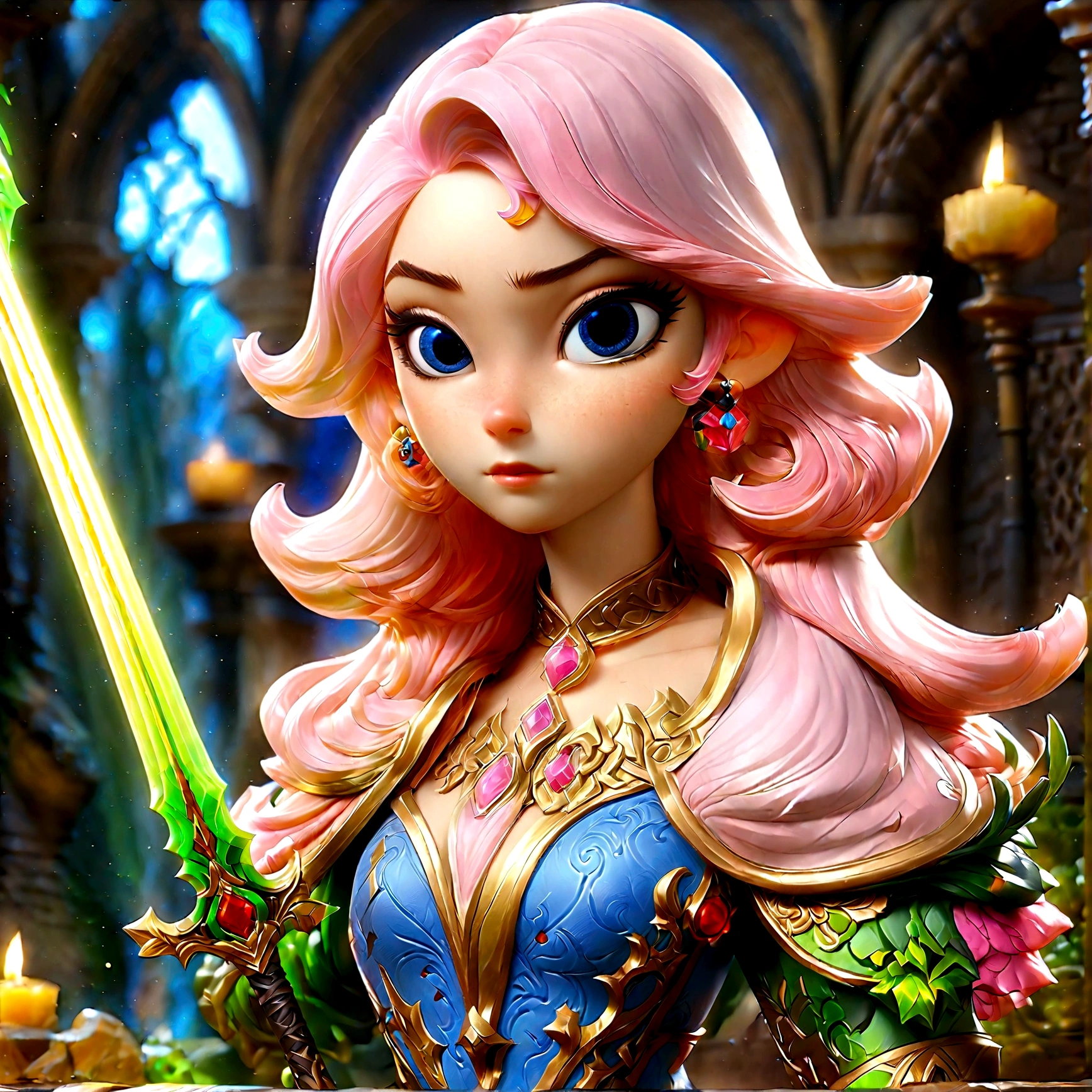 fantasy art, dnd art, RPG art, wide shot, (masterpiece: 1.4) a (portrait: 1.3) intense details, highly detailed, photorealistic, best quality, highres, portrait a female (fantasy art, Masterpiece, best quality: 1.3) ((blue skin: 1.5)), intense details facial details, exquisite beauty, (fantasy art, Masterpiece, best quality) cleric, (blue: 1.3) skinned female, ((pink hair: 1.5)), long hair, ((no ears: 1.5)), (green: 1.3) eye, fantasy art, Masterpiece, best quality) armed a fiery sword red fire, wearing heavy (white: 1.3) half plate mail armor, wearing high heeled laced boots, wearing an(orange :1.3) cloak, wearing glowing holy symbol GlowingRunes_yellow, within fantasy temple background, reflection light, high details, best quality, 16k, [ultra detailed], masterpiece, best quality, (extremely detailed), close up, ultra wide shot, photorealistic, RAW, fantasy art, dnd art, fantasy art, realistic art,((best quality)), ((masterpiece)), (detailed), perfect face, colouredglazecd_xl