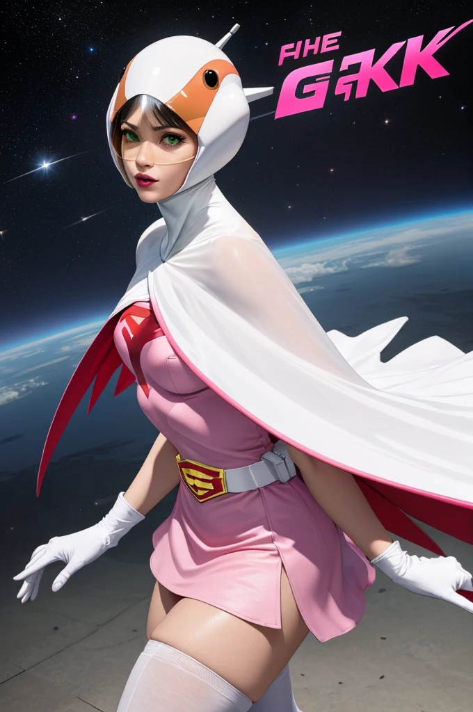 ((masterpiece)), ((highest quality)), ((High resolution)), ((Very detailed CG unity 8k wallpaper)), Beautifully detailed, Very detailed, 16k, Exquisite, Absurd, Beautiful background, Beautiful Eyes, Beautiful Skin, Beautiful Face, Outdoor, Day, Face Focus, View Viewer, alone, Concentrated, Dutch Angle Break, Hi3JTS, Jun The Swan, 1Girl, Glossy lips, Green Eyes, Big eyes, (We say:1.2), Lip mites, compensate, eyelash, eye shadow, A kind smile, attractive, (See-through orange visor:1,5), Helmet, Cape, Elbow hand pockets, Knee socks, belt, White gloves, zettai ryouiki, mask, skirt, White legwear, Superhero, leotard, Spacesuit, Pink Dress, white Cape, pink leotard, pink skirt, Short dress, White long gloves, White long boots, Gloss, Breaking the dynamism, Sweat, Sweatdrop, Browsing Caution, (action poses:1.2), Perfect hands, Perfect legs, Perfect Anatomy,