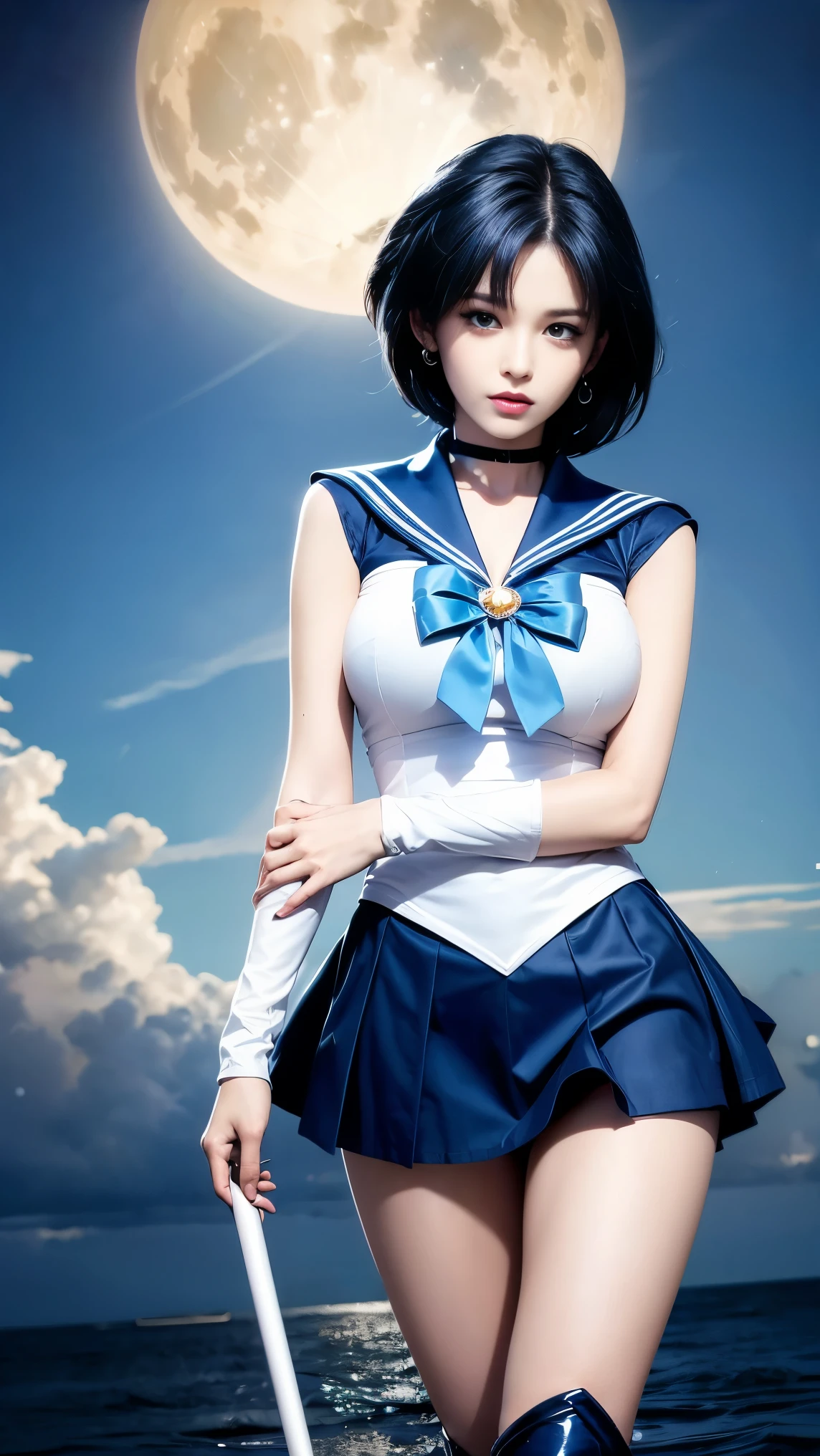short blue dyed hair!!!!!, Must have short blue hair. anime girl in a sailor suit and blue boots and blue short skirt”, high resolution!! sailor moon by the - moon - girl, the sailor Mercury. beautiful, by Sailor Moon, extremely detailed artgerm, Height is 169cm, I have slightly large breasts. Standing wearing a short skirt that exposes white panties.