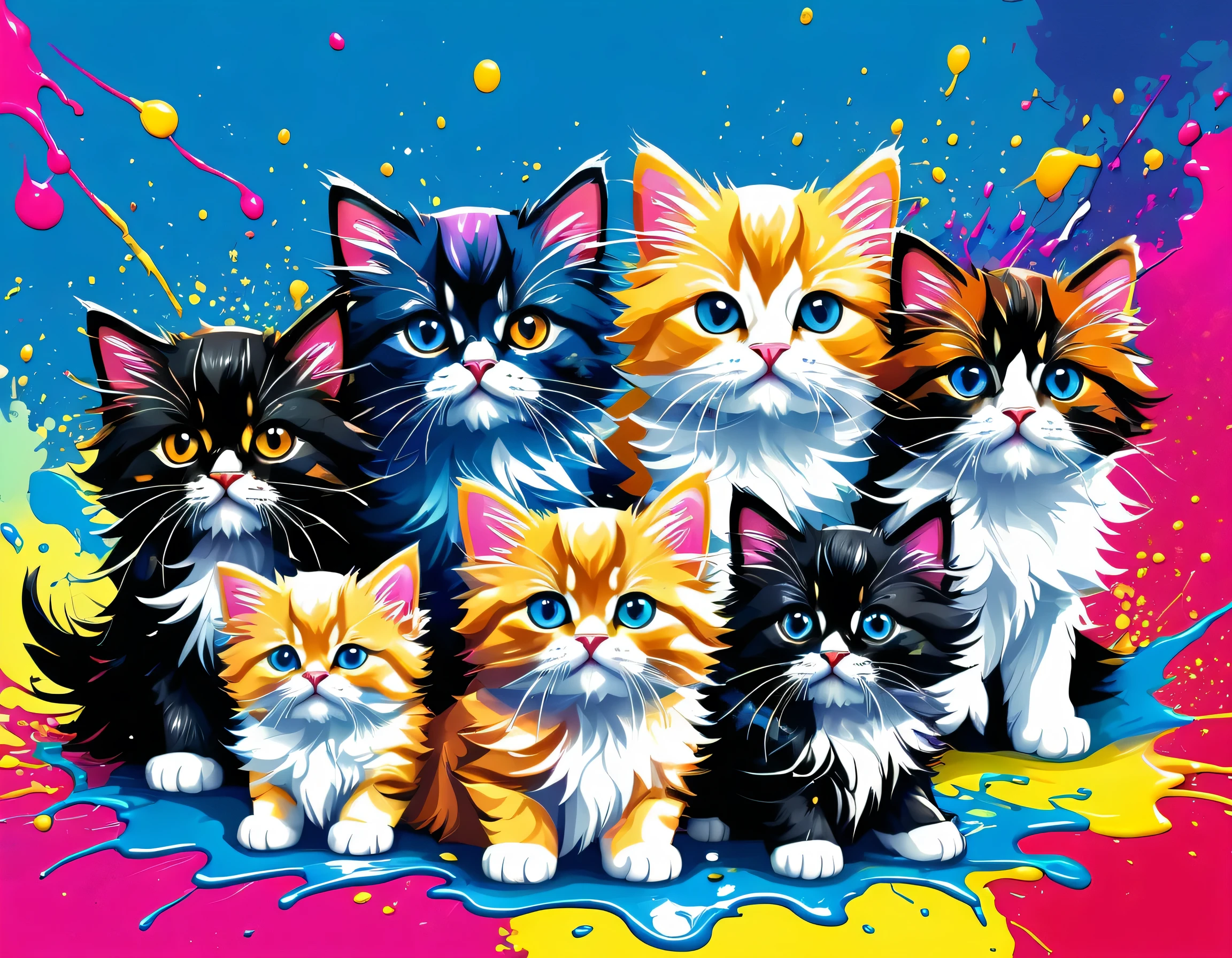 Komugiko 2000 Style, Vector Art, Colorful illustration with lots of cute Persian kittens and puppys, In the center, Vibrant colors, Paint splatters and stains, High Detail, urban background