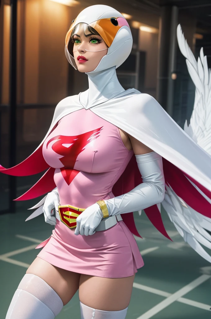 ((masterpiece)),((highest quality)),((High resolution)),((Highly detailed CG Unity 8k wallpaper)), Outdoor, Day, Upper Body, View Viewer, alone, Concentrated, break,
Year_Classic_Jun_Gatchaman_My Waifu, Jun the swan,
One girl, chest, lips, medium chest, large chest, Green Eyes, lipstick, compensate, eyelash, eye shadow,
visor, Helmet, Cape, Elbow hand pockets, Knee socks, belt, White gloves, zettai ryouiki, mask, skirt, White legwear, Superhero, leotard, Spacesuit, Pink Dress, white Cape, pink leotard, pink skirt, Short dress,