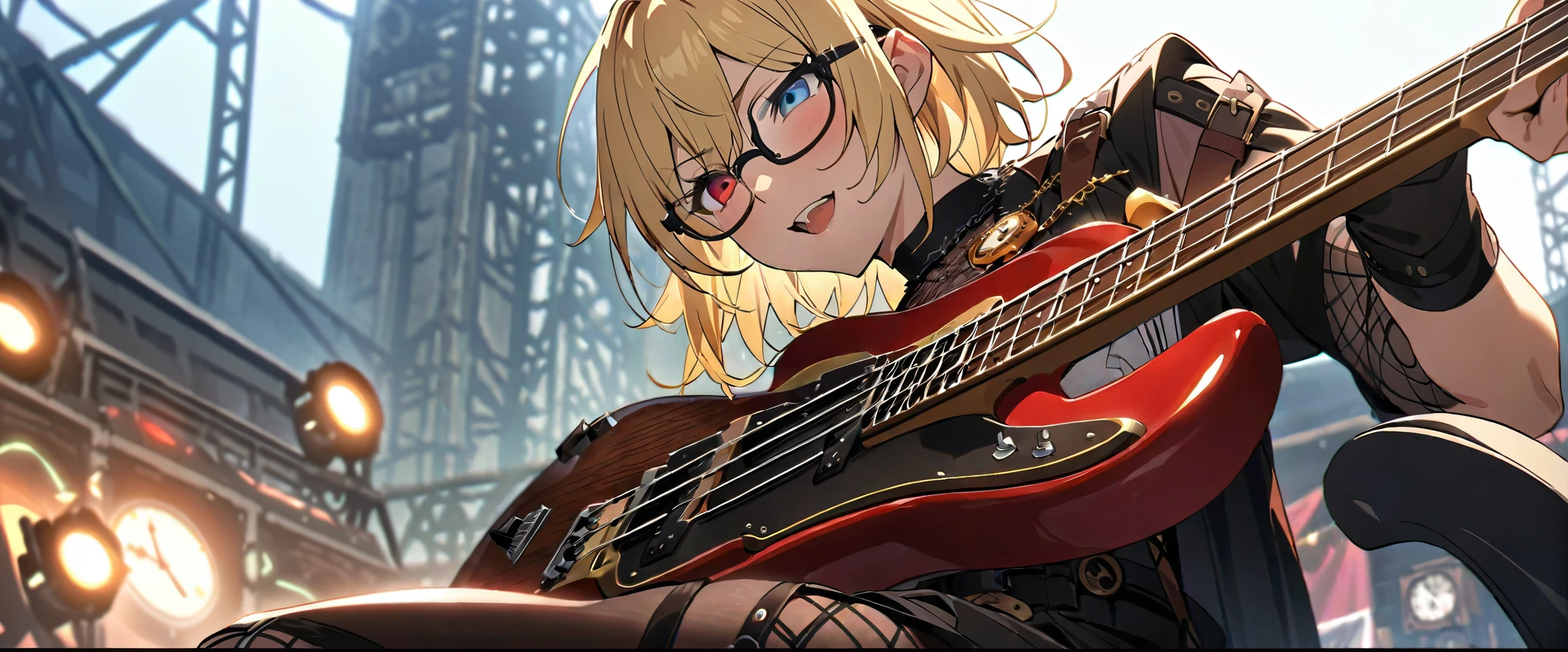 (((masterpiece,Highest quality))),((エレキベースを持ってマイクスタンドの前で語っているRed and blonde mesh hairのアニメキャラクターの中性的な男の子)),(((Androgynous but boyish))),(((Red and blonde mesh hair))),(((Blue and red heterochromia))),(((Thick framed glasses with highly designed gear and clock decorations)))((An electric bass guitar decorated with gears and clocks)),((Playing bass on stage at an outdoor live music festival in the summer afternoon)),(((Steampunk Fashion,Clock motif necklace,Clock motif brooch))),Focus so you can see the whole body,(high quality),anime